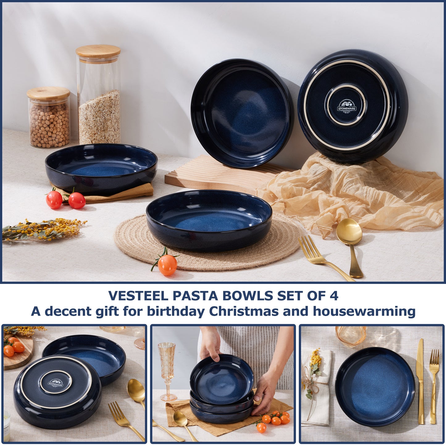 Vesteel Pasta Bowl Set of 4, 22oz Stoneware Salad Pasta Serving Bowls for Soup Dinner Cereal, Microwave & Dishwasher Safe, Ocean Blue