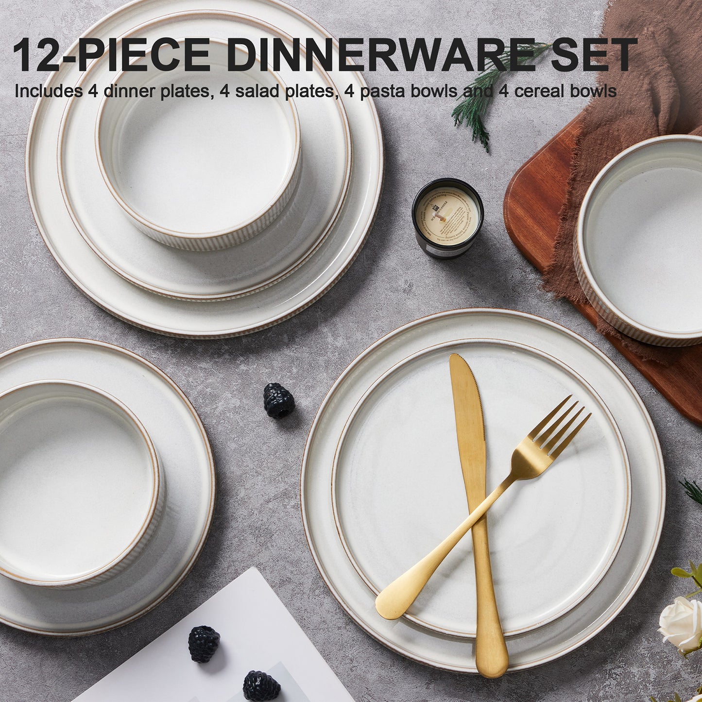 Vesteel Dinnerware Set for 4, 12-Piece Premium Stoneware Ribbed Dishes with Reactive Glaze, Chip & Scratch Resistant Plates and Bowls Set for Home Restaurant, Microwave Safe - Cappuccino White