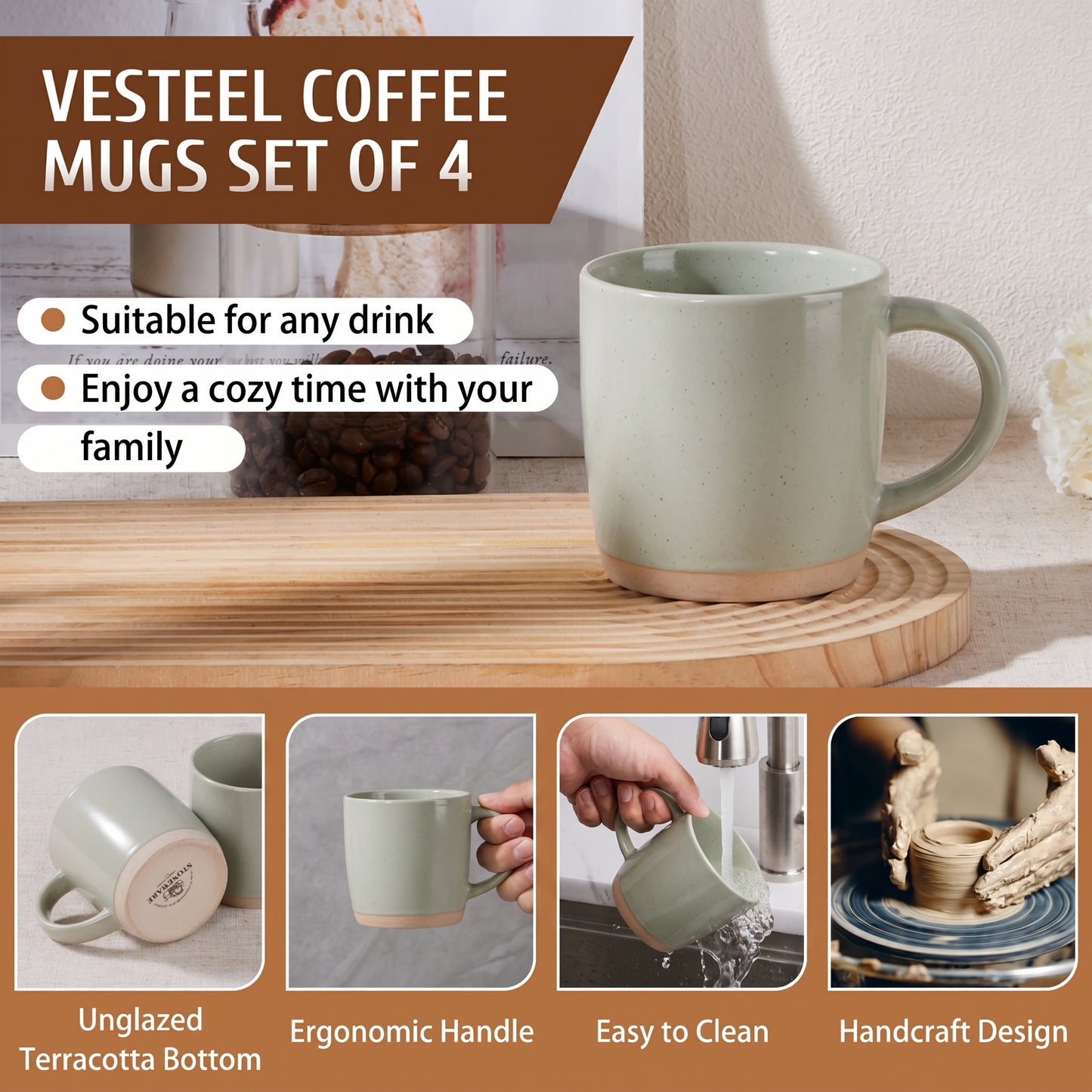 Vesteel Coffee Mugs Set of 4, 12oz Porcelain Coffee Cups with handle, Ceramic Stoneware Mug for Milk, Coffee, Hot Cocoa, Microwave & Dishwasher Safe, Light Green