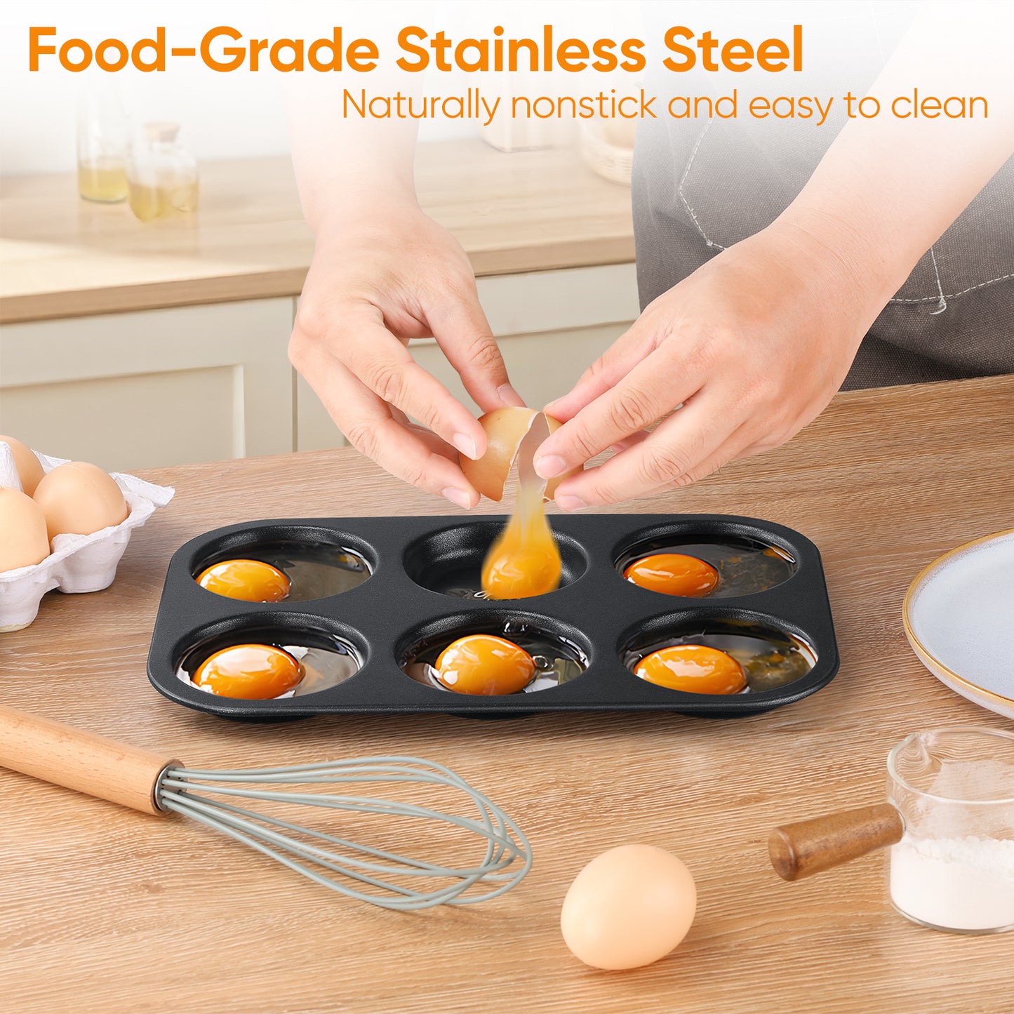 Vesteel Muffin Top Pan, 6-Cup Stainless Steel Cupcake Pan for Baking, 11” x 7.5” Regular Size Metal Pan Tin Tray for Mini Cake Cookie Egg Hamburger, Oven Safe