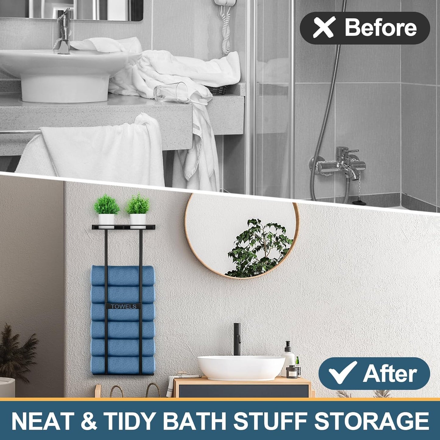 Vesteel Towel Racks for Bathroom, Wall Mounted Metal Black Towel Holder, 30 Inch Bath Rack Storage Organizer for Rolled Towels, Vertical Rack with Shelf Hold Up 6 Large Bath Towel for Small Bathroom