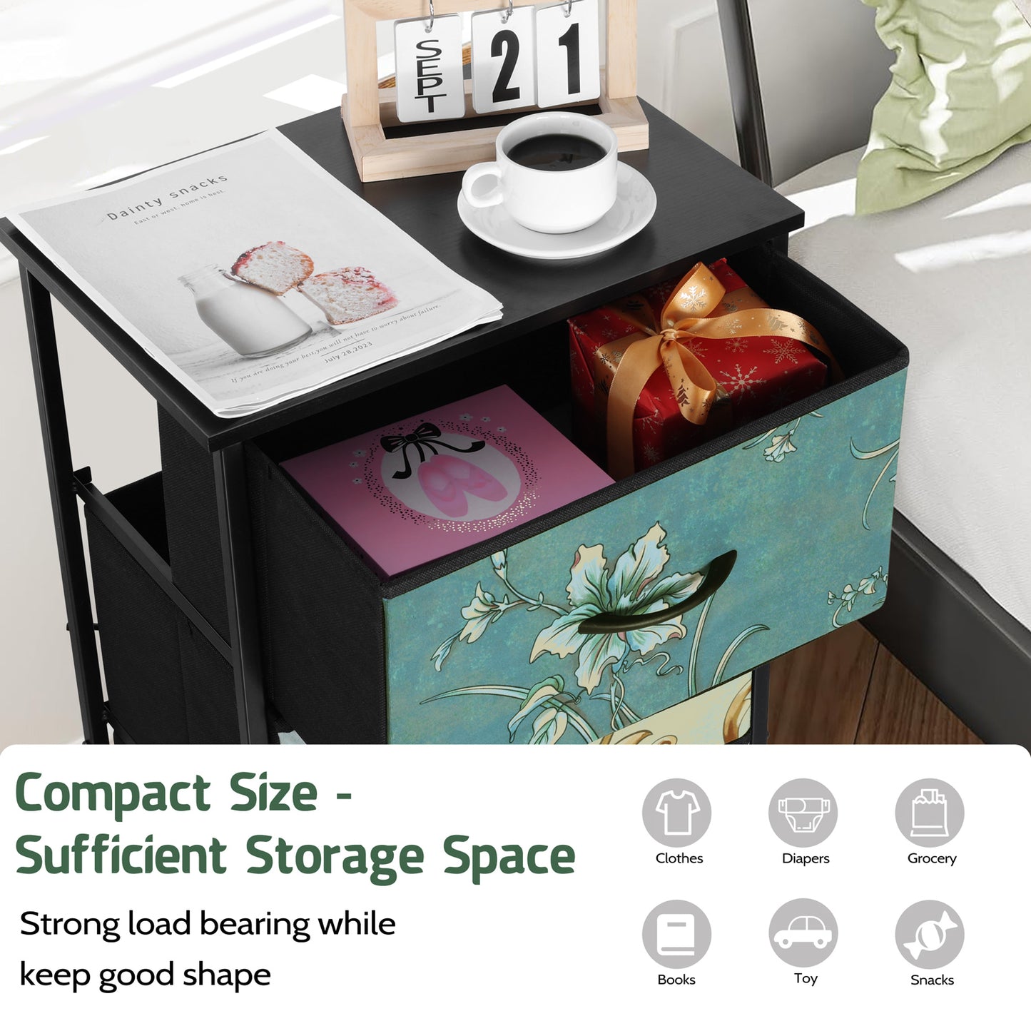 4 Drawers Dresser for Bedroom, Vesteel Fabric Chest of Drawers Tall Storage Tower with Wood Top and Sturdy Steel Frame, Storage Organizer Unit for Closet, Living Room, Hallway - Retro Floral