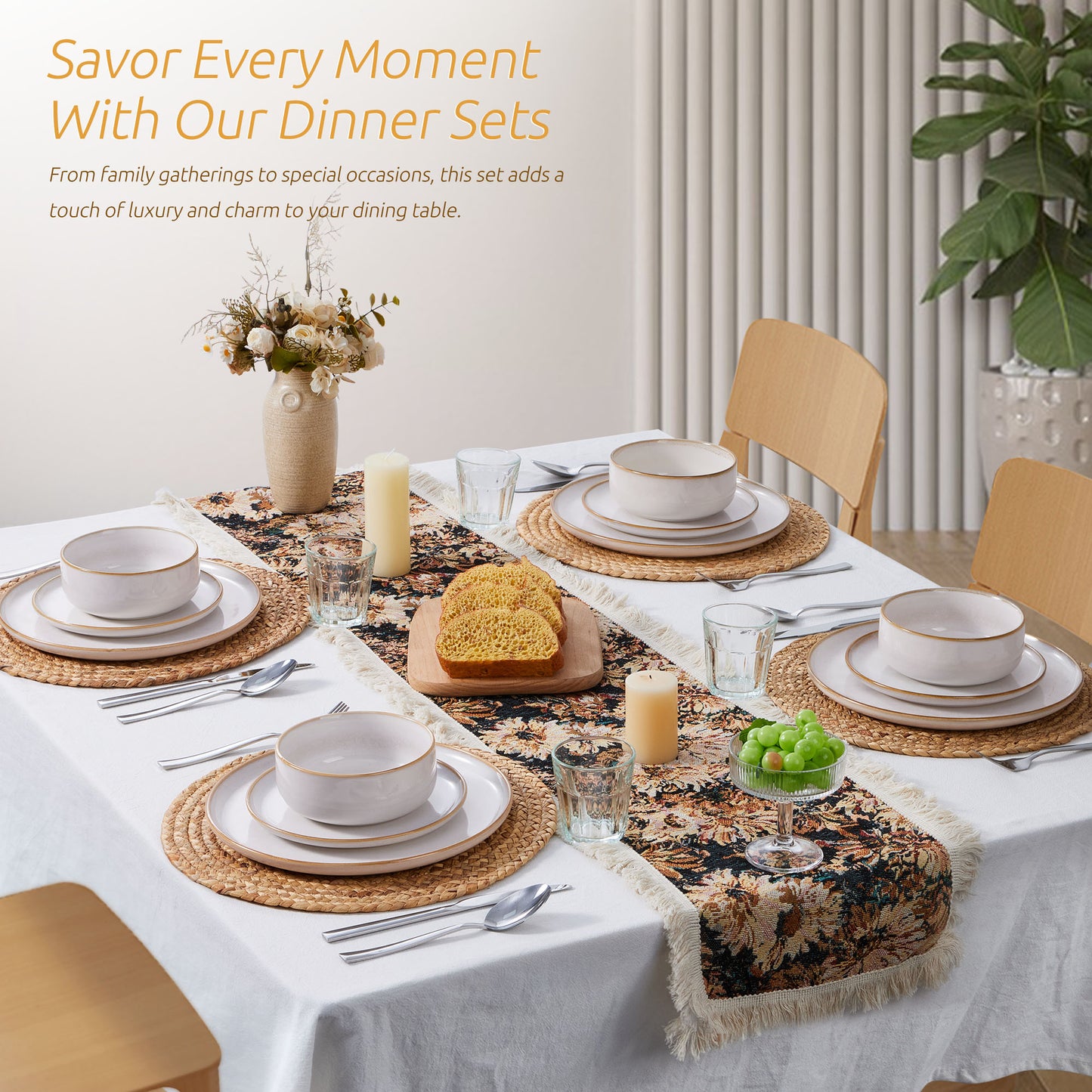 Onader Dinnerware Sets for 6, 18-Piece Plates and Bowls Set, Reactive Glaze Dishes, Stoneware Dinnerware set, Microwave & Dishwasher Safe - Seashell White