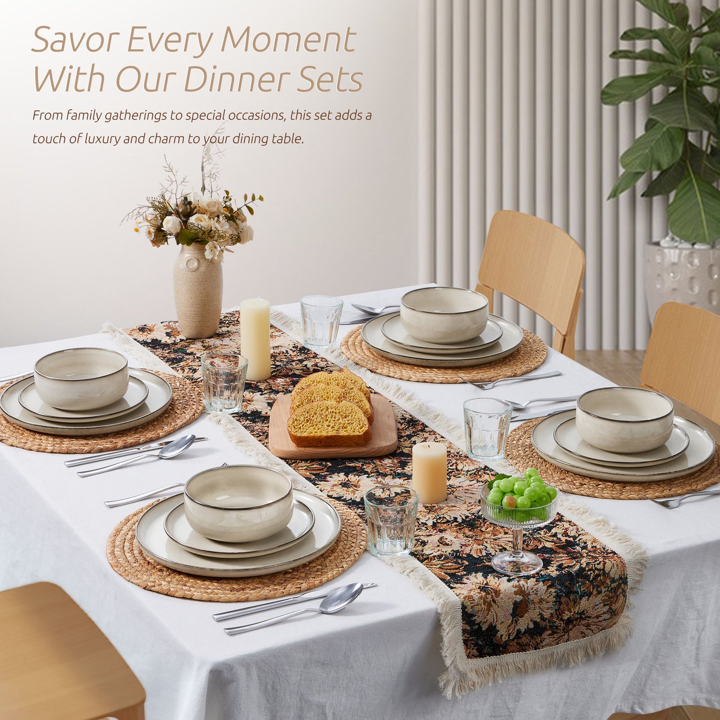 Onader 12 Piece Dinnerware Sets, Plates and Bowls Set for 4, Handmade Stoneware Dishes Sets for Home Restaurant, Dishwasher & Microwave Safe - Khaki
