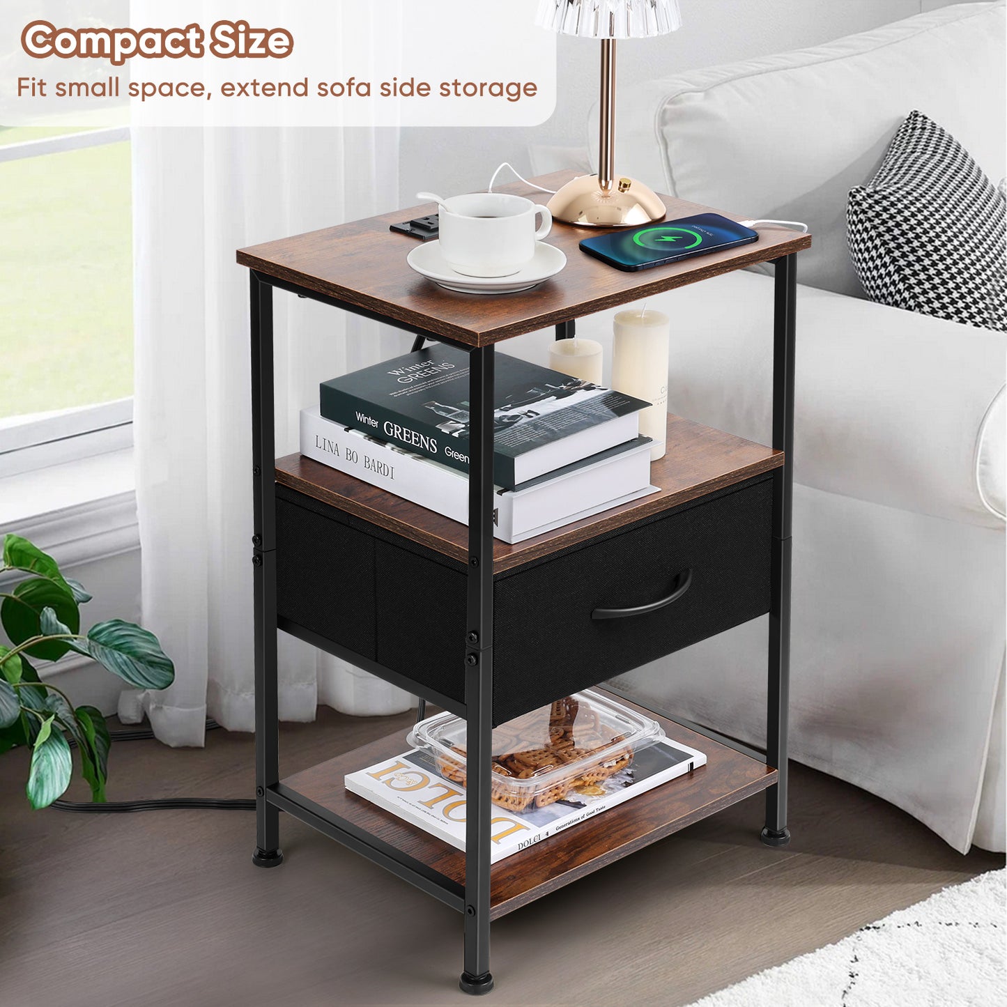 Vesteel Nightstand with Charging Station, 3-Tier Storage End Table with Drawer Shelf, Night Stand for Small Spaces, Bed Side Table for Living Room Bedroom - Rustic Brown