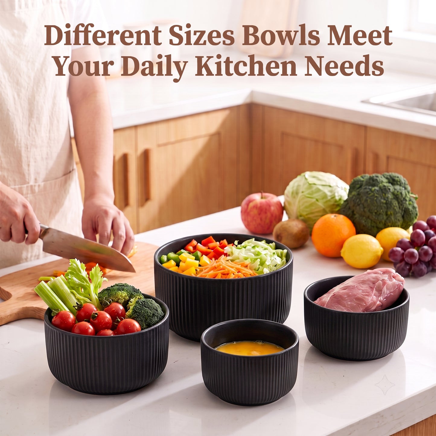 Onader 8-Piece Ceramic Bowls with Lid, Mixing Bowls Set of 4 for Kitchen Meal Prep Food Storage Leftover, Stoneware Serving Bowl for Cooking Baking, Matte Black