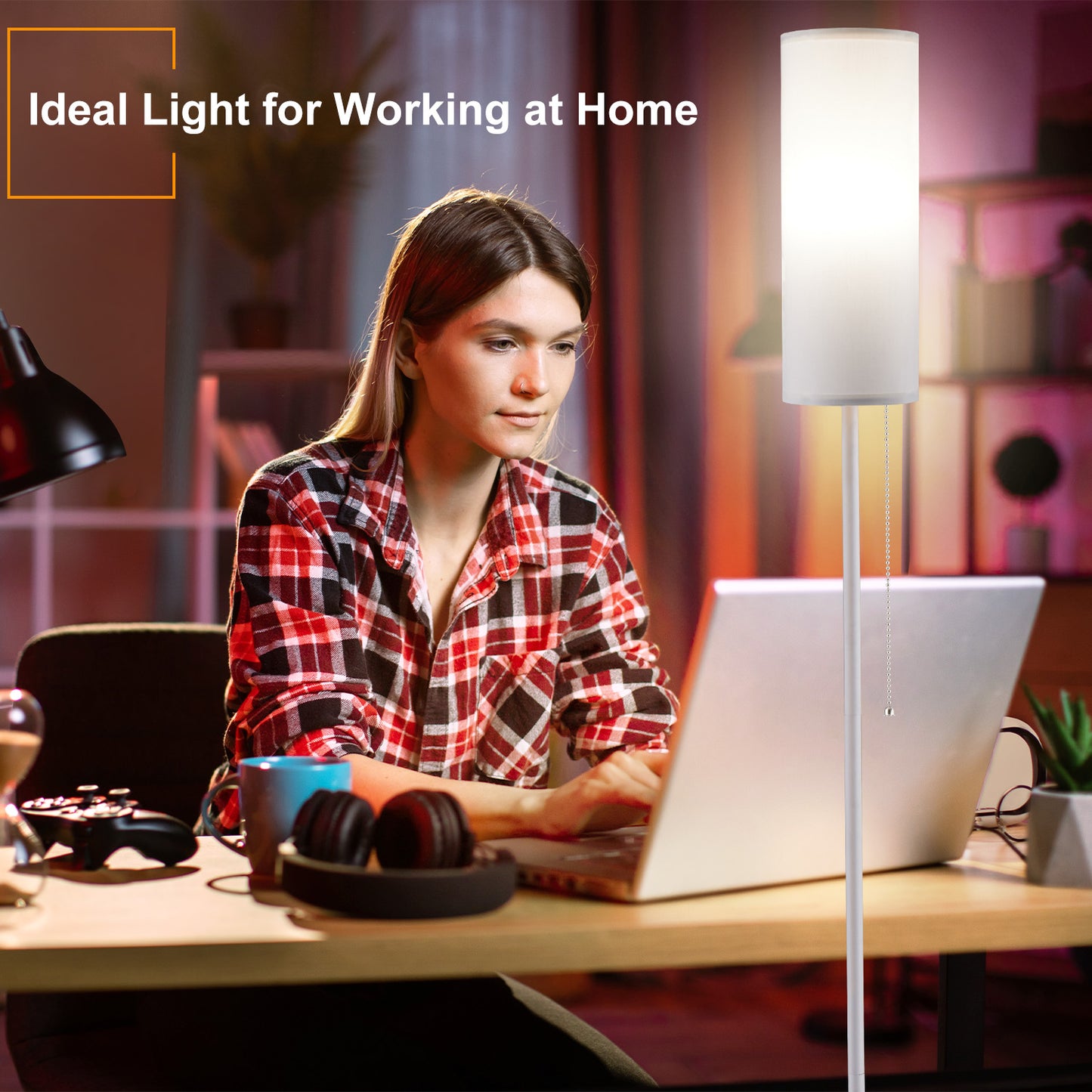 Vesteel Floor Lamp for Living Room, Modern Standing Lamp with 3 Color Temperatures LED Bulb & Linen Lampshade, Pole Lamp for Bedroom Living Room Office, White