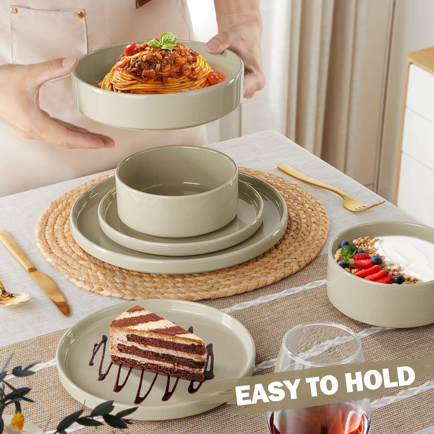 Vesteel 16 Pieces Dinnerware Sets, Premium Stoneware Dishes Set for 4, Speckled Plates and Bowls Set for Home Restaurant, Microwave and Dishwasher Safe - Khaki