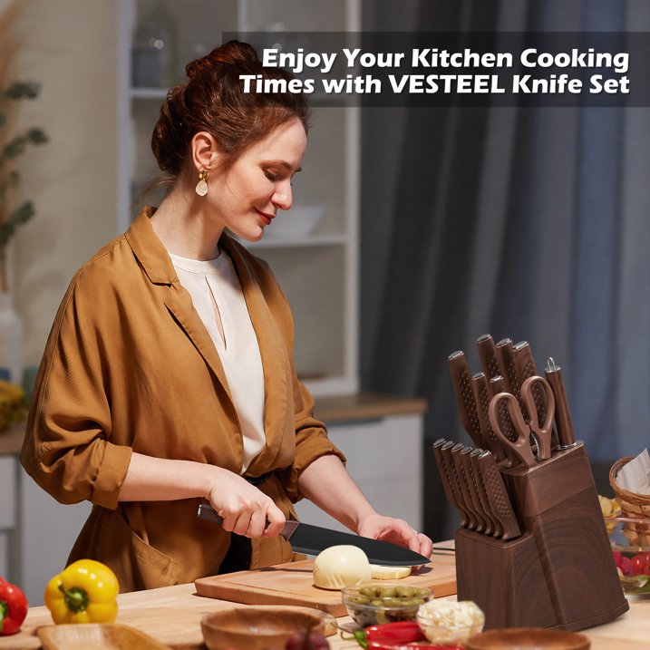 Vesteel Knife Block Set for Kitchen, 15-Piece High Carbon Stainless Steel Knives Set with Ergonomic Handle, Ultra-sharp & Rust Resistant, Walnut Brown