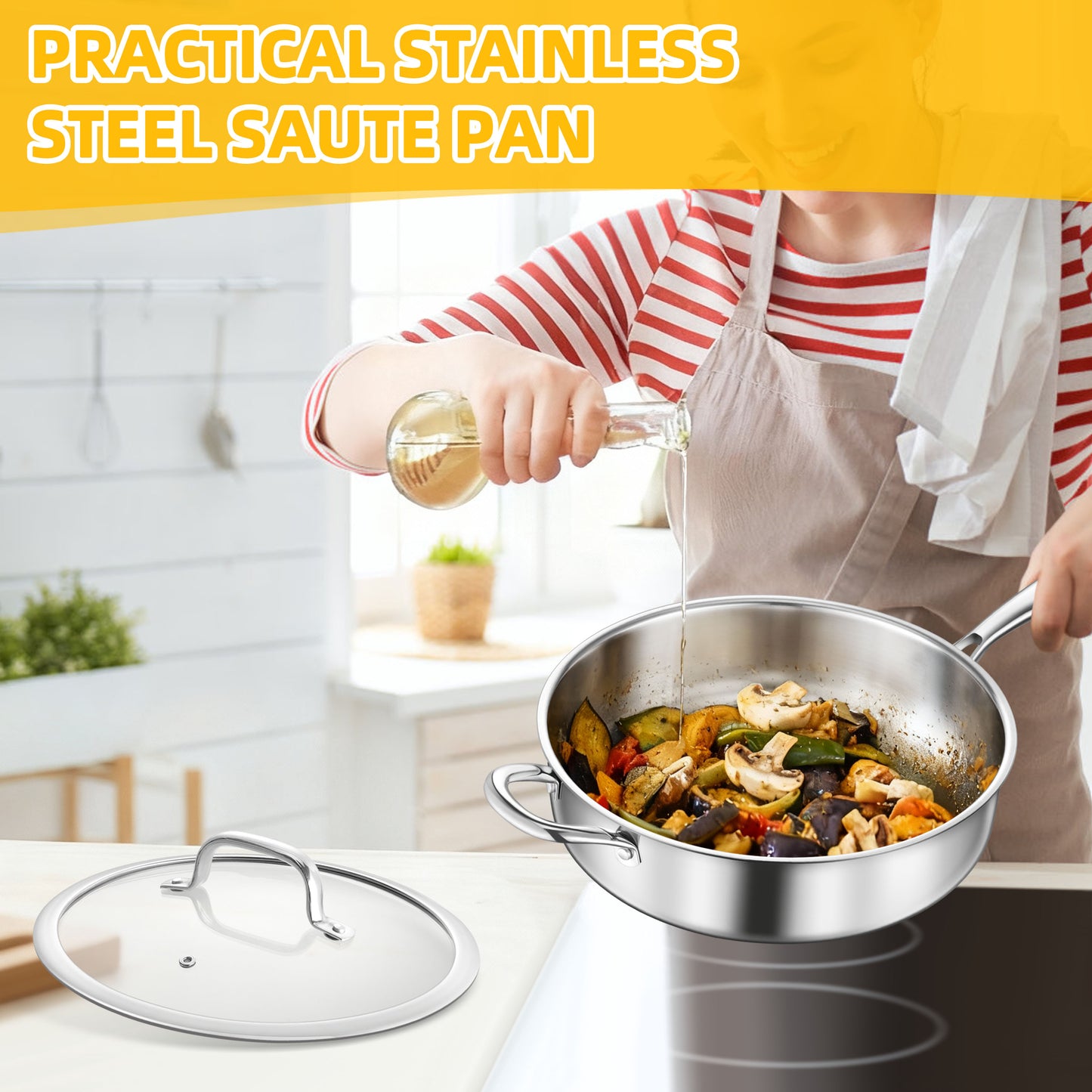 Vesteel 4.5 Quart Tri-Ply Saute Pan with Lid, 10” Stainless Steel Kitchen Skillet with Removable Handle, Healthy Non-toxic Cooking Pan, Induction Compatible & Dishwasher Safe