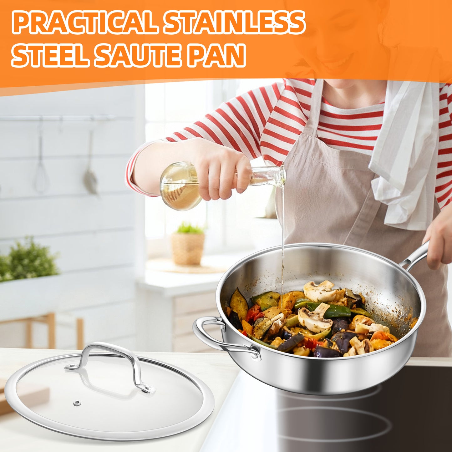 Vesteel 6 Quart Tri-Ply Saute Pan with Lid, 12” Stainless Steel Kitchen Skillet with Removable Handle, Healthy Non-toxic Cooking Pan, Induction Compatible & Dishwasher Safe
