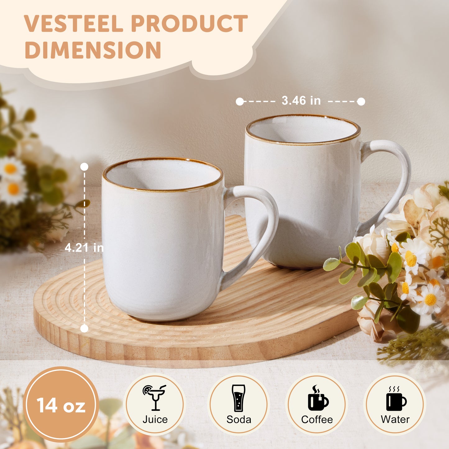Vesteel Coffee Mug Set of 4, 14oz Ceramic Coffee Cups with Handles, Handmade Reactive Glaze Mugs Set for Tea Milk, Gifts for Man Woman, Seashell White