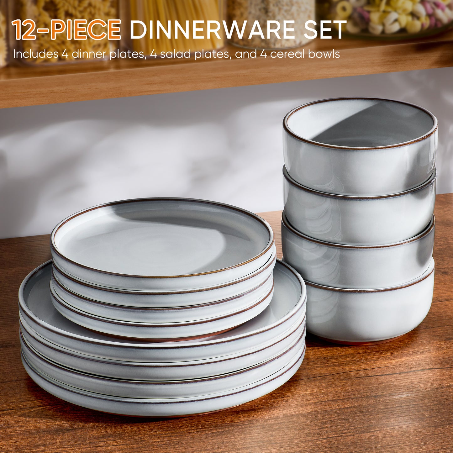 Vesteel 12-Piece Dinnerware Sets, Stoneware Dish and Bowls Set for 4, Ceramic Plates Set with Zisha Clay Base for Home Kitchen, Chip & Scratch Resistant - Ivory White