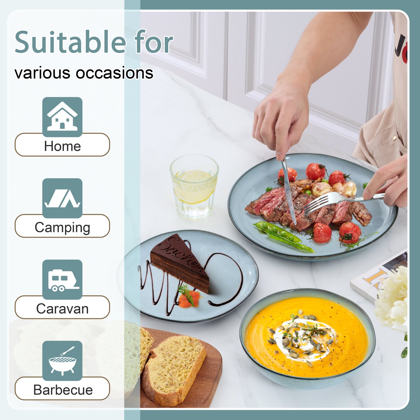 Onader 12 Piece Dinnerware Sets, Plates and Bowls Dish Set for 4, Irregular Handmade Dinner Ware Dishware for Kitchen Dinning, Microwave & Dishwasher Safe - Smoky Blue