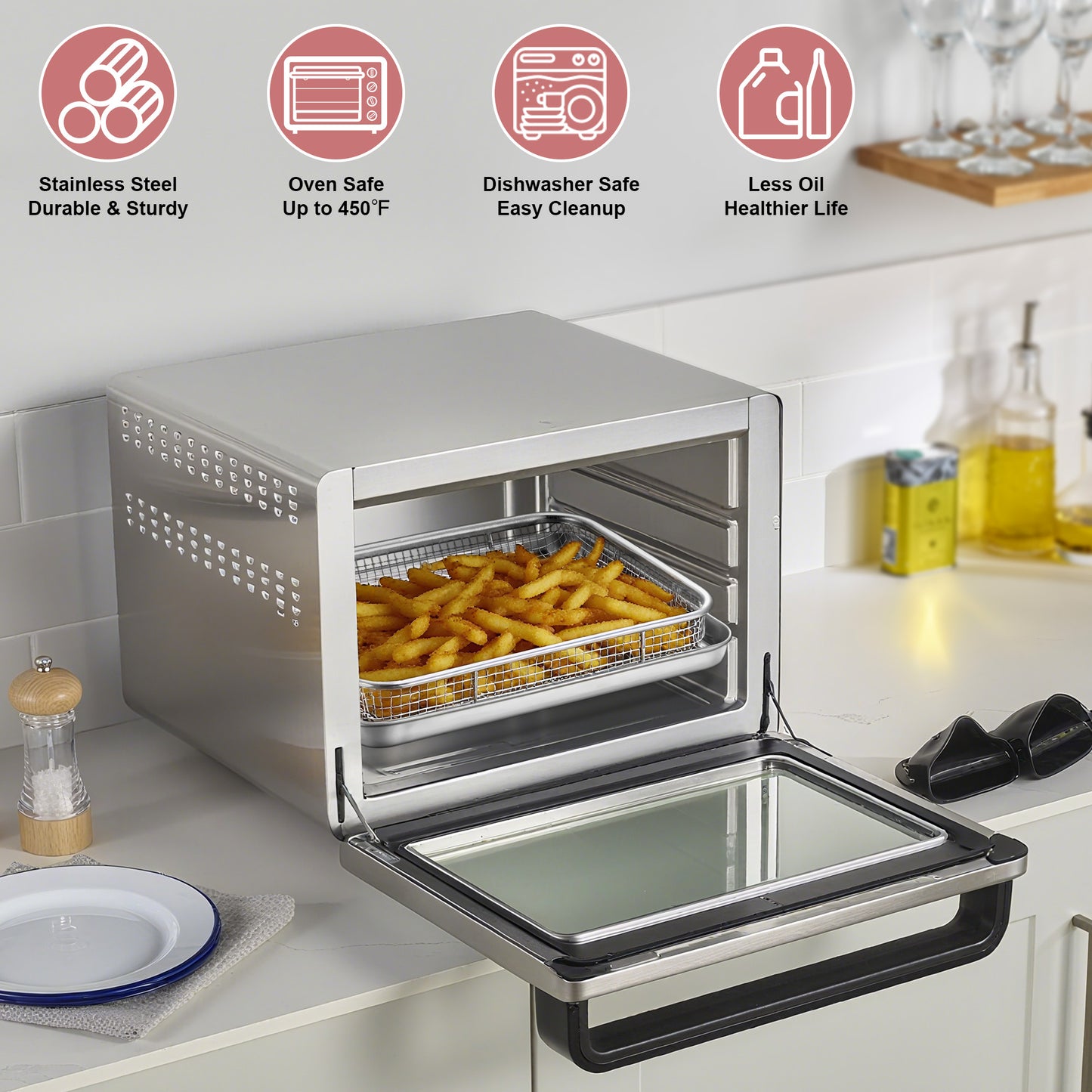 Vesteel 12.5 inch Air Fryer Pan with Basket Set of 2, Stainless Steel Oven Crisper Tray for Baking, Roasting, and Healthy Cooking, Dishwasher Safe