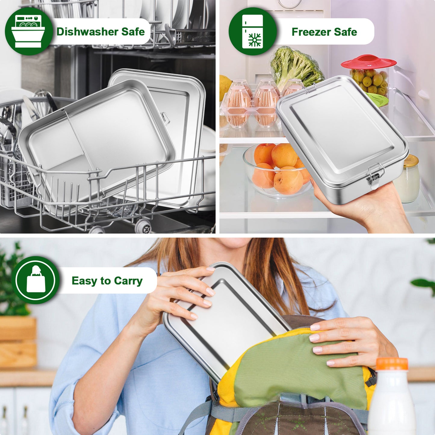 Vesteel Stainless Steel Bento Box, 47oz Lunch Box Metal Food Storage Container with Removable Dividers, Portable & Leak-Proof Meal Prep Container with 3 Compartment