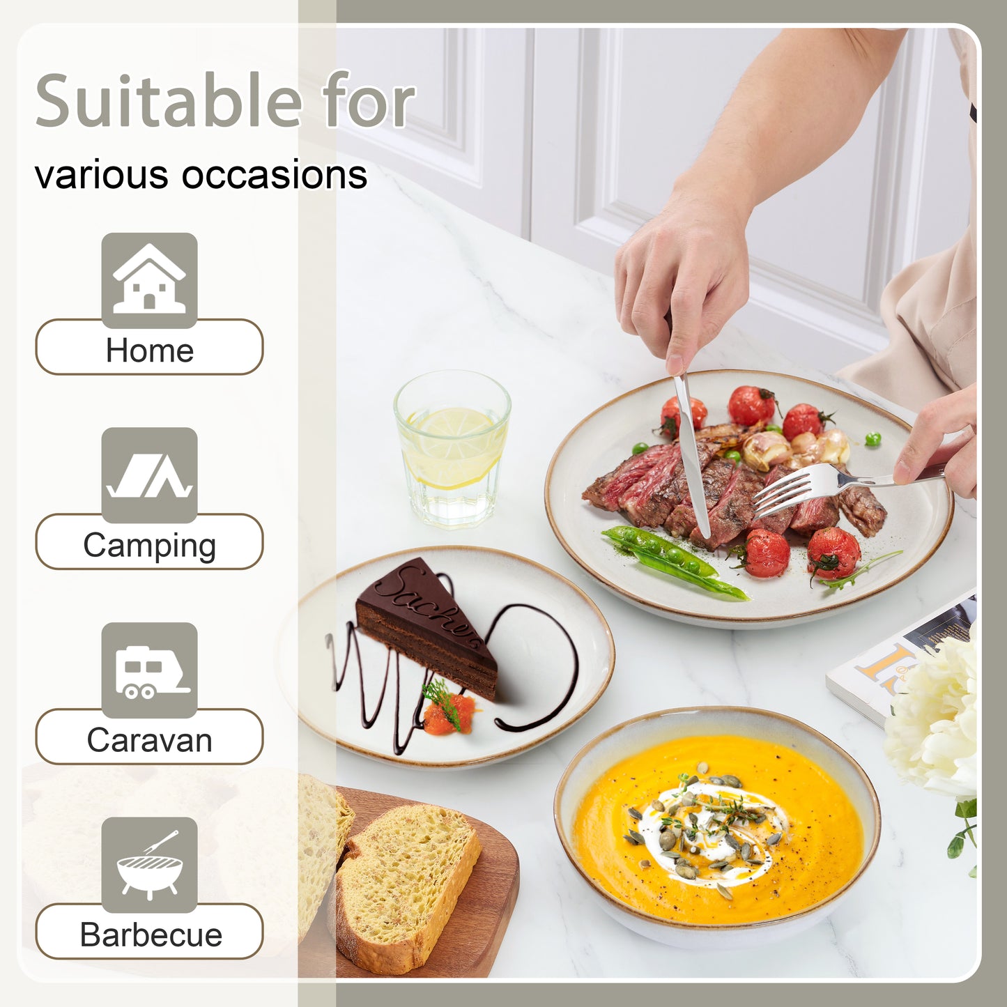 Onader 12 Piece Dinnerware Sets, Plates and Bowls Dish Set for 4, Irregular Handmade Dinner Ware Dishware for Kitchen Dinning, Microwave & Dishwasher Safe - Pearl White