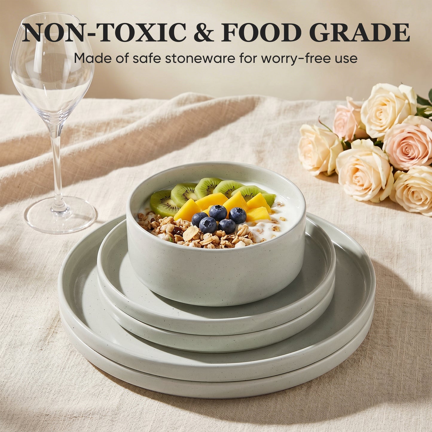 Onader 8-Piece Stoneware Dinnerware Set, Speckled Porcelain Plates and Bowls for the Kitchen, High-Quality Handcrafted Ceramic Dinnerware, Microwave & Dishwasher Safe - Light Green