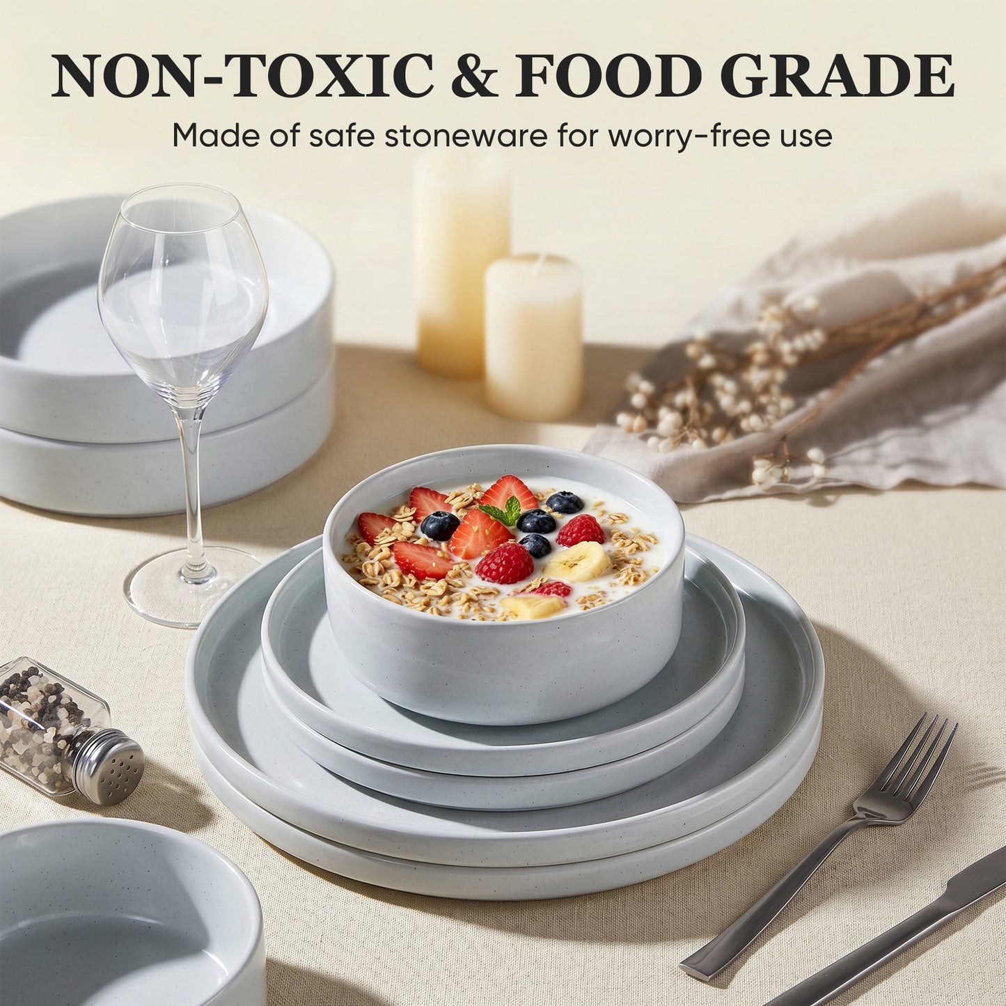 Onader 8-Piece Stoneware Dinnerware Set, Speckled Porcelain Plates and Bowls for the Kitchen, High-Quality Handcrafted Ceramic Dinnerware, Microwave & Dishwasher Safe - Light Gray