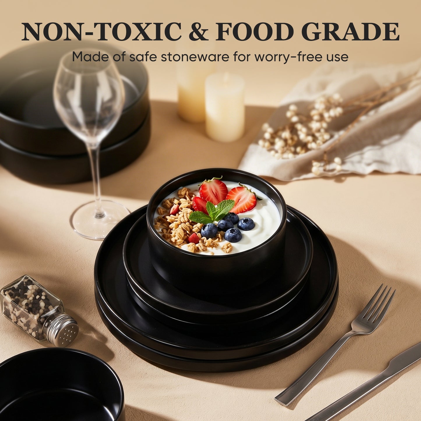 Onader 8-Piece Stoneware Dinnerware Set, Vertical Plates and Bowls for the Kitchen, Premium Glaze Handcrafted Ceramic Dinnerware, Microwave & Dishwasher Safe - Matte Black