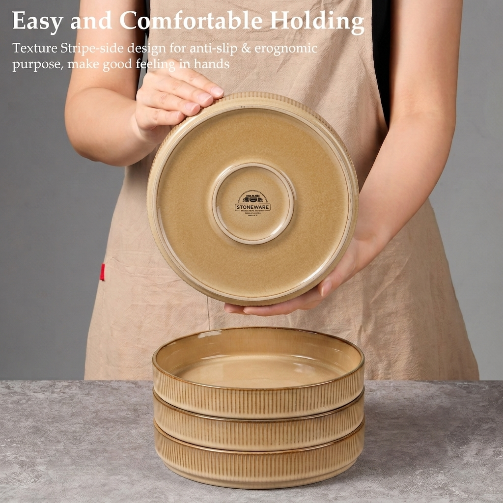 Vesteel Pasta Bowls Set of 4, 32oz Large Salad Bowls for Dinner Serving Soup, Ceramic Stoneware Pasta Plates with Textured Stripes, Microwave & Dishwasher Safe, Khaki