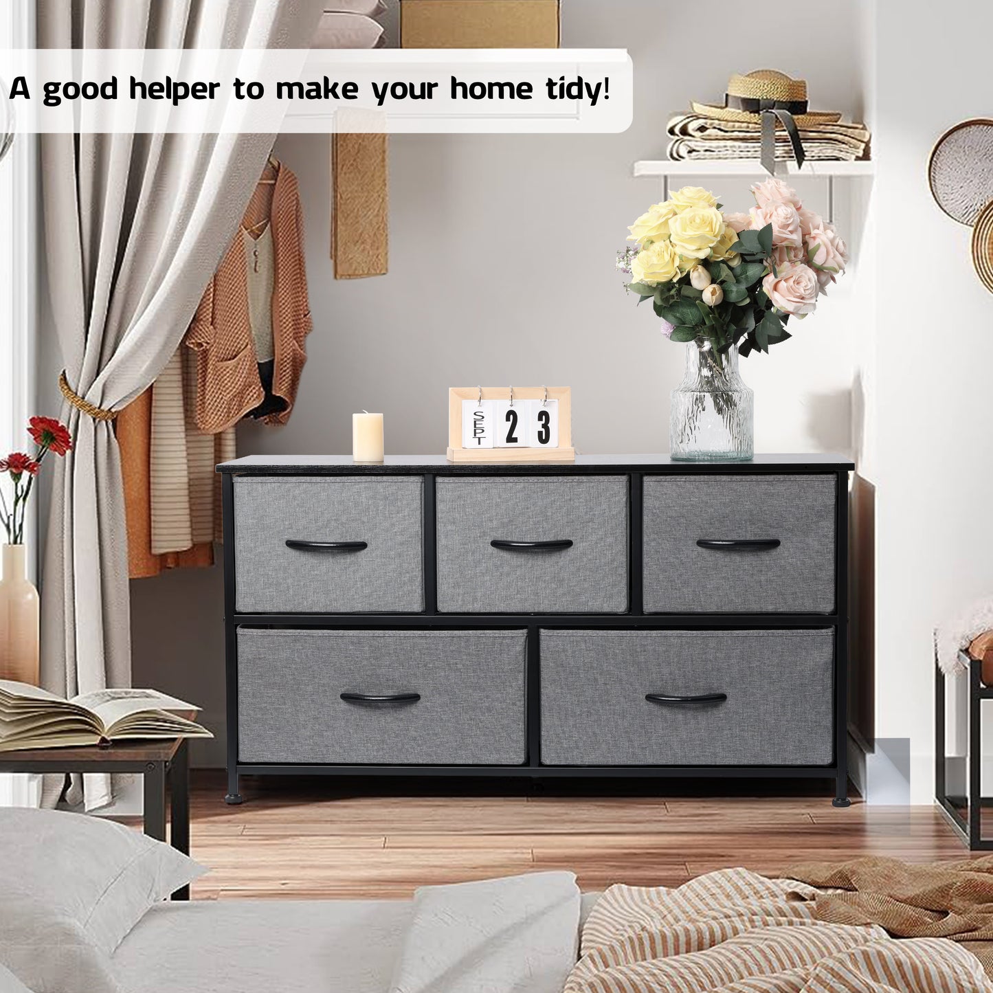 Vesteel 5 Drawers Dresser, Wide Chest of Drawers Fabric Dresser with Wood Top and Sturdy Steel Frame, Storage Organizer Unit for Closet, Living Room, Hallway - Grey