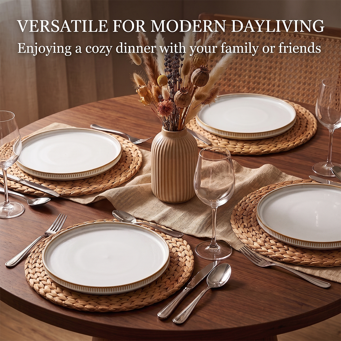 Vesteel Salad Plate for 4, 8 inch Stoneware Dinner plates with Textured Stripes, 4-Piece Ceramic Kitchen Plates for Dessert Salad, Dishwasher Safe & Microwave Safe, Seashell White