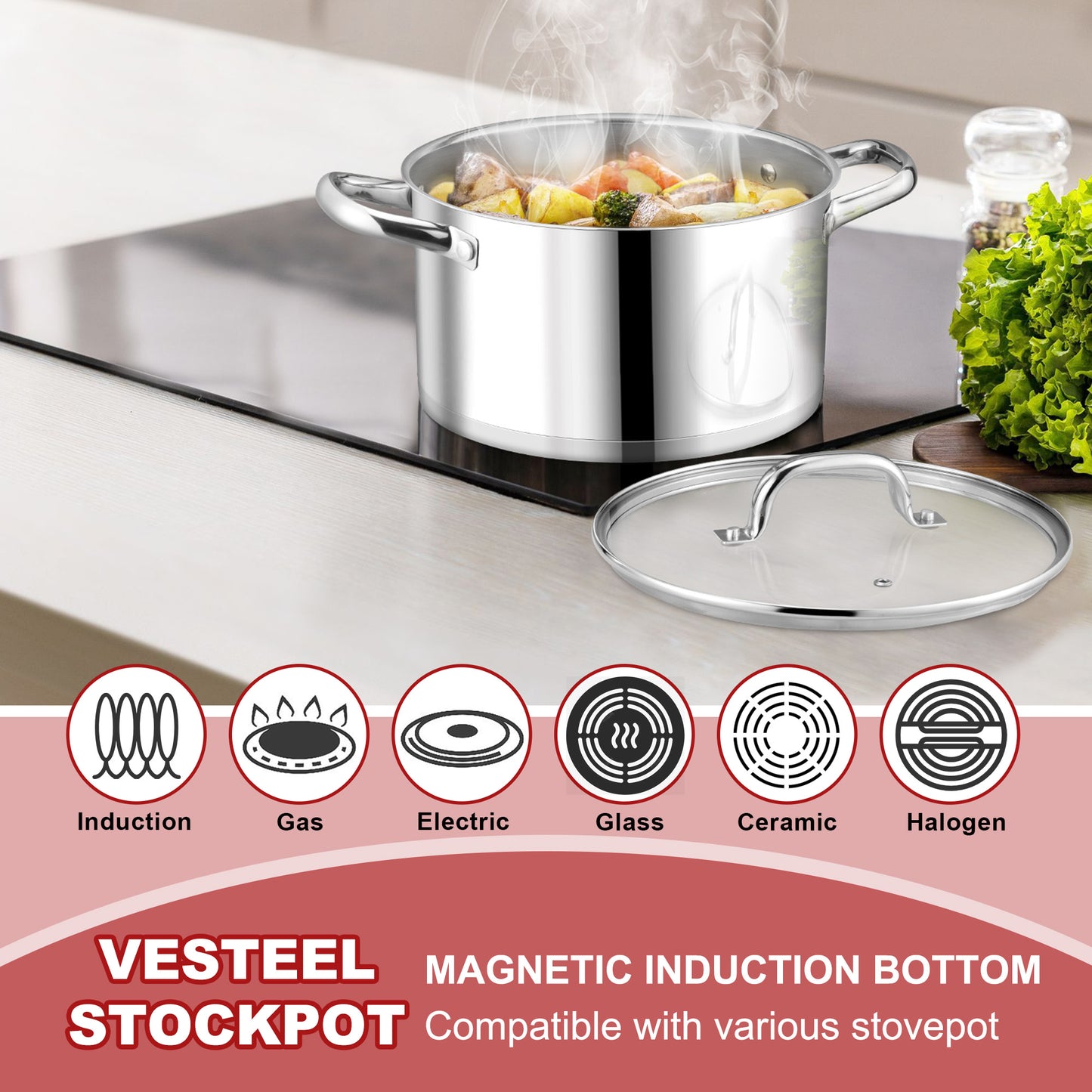 Vesteel 4 QT Stock Pot with Lid, 3 Tri-ply Stainless Steel Cooking Pot for Induction Gas Electric Stove, Stockpot for Cooking Soup Spaghetti, Dishwasher Safe