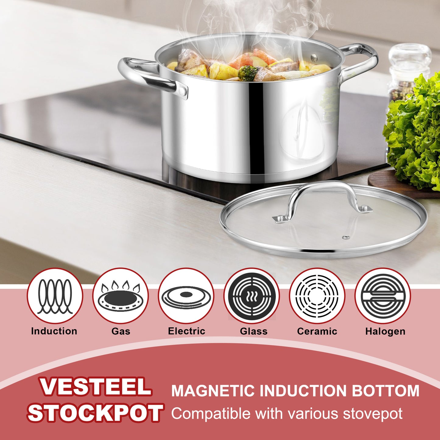 Vesteel 6 QT Stock Pot with Lid, Stainless Steel Cookware for Stewing Simmering, Tri-ply Bottom for Induction Gas Electric Stove, Heavy Duty & Food Grade
