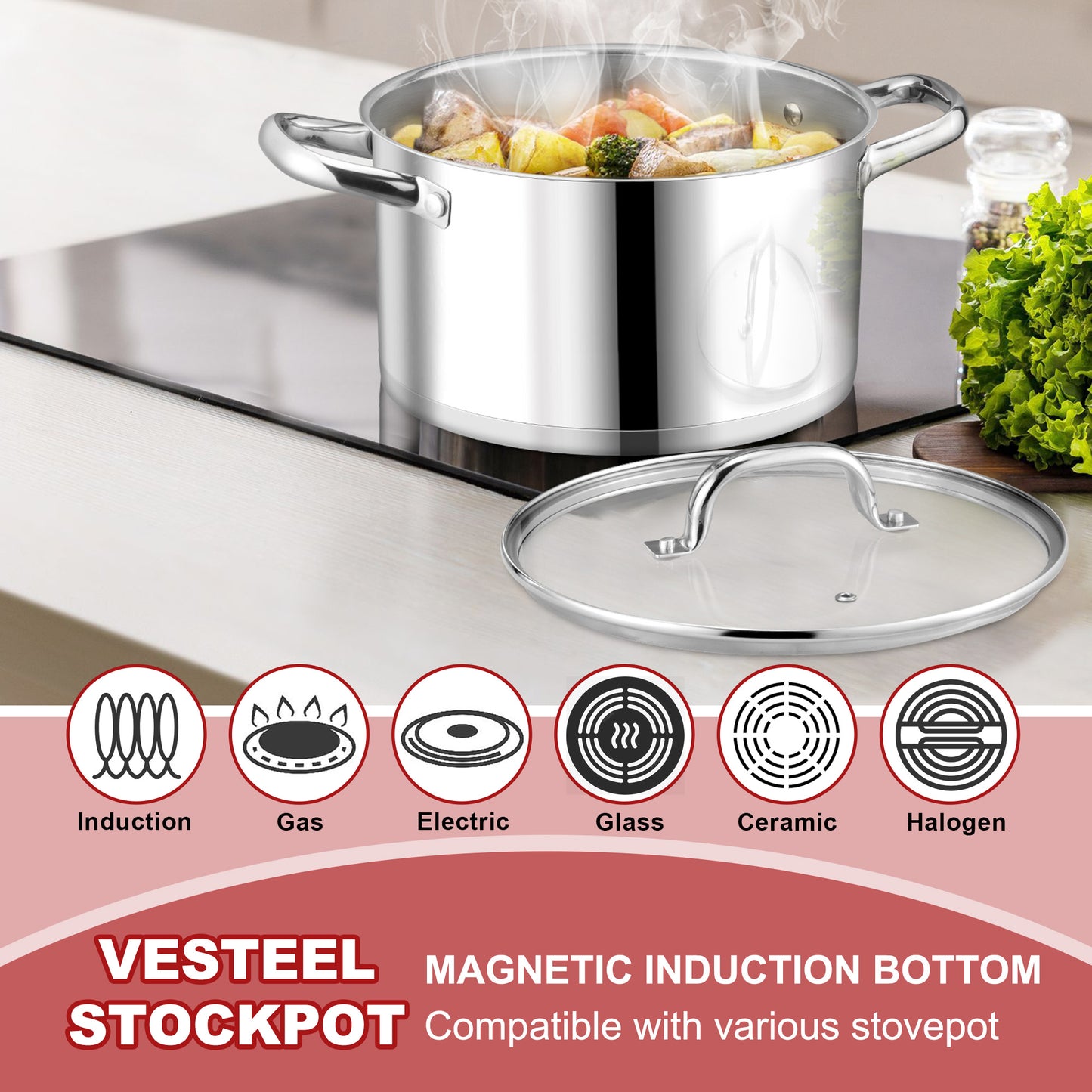 Vesteel 8 QT Stock Pot with Lid, 3 Tri-ply Stainless Steel Cooking Pot for Induction Gas Electric Stove, Stockpot for Cooking Soup Spaghetti, Dishwasher Safe