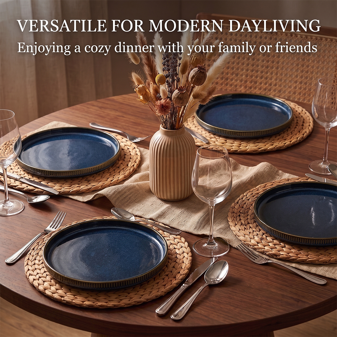 Vesteel Salad Plate for 4, 8 inch Stoneware Dinner plates with Textured Stripes, 4-Piece Ceramic Kitchen Plates for Dessert Salad, Dishwasher Safe & Microwave Safe, Ocean Blue