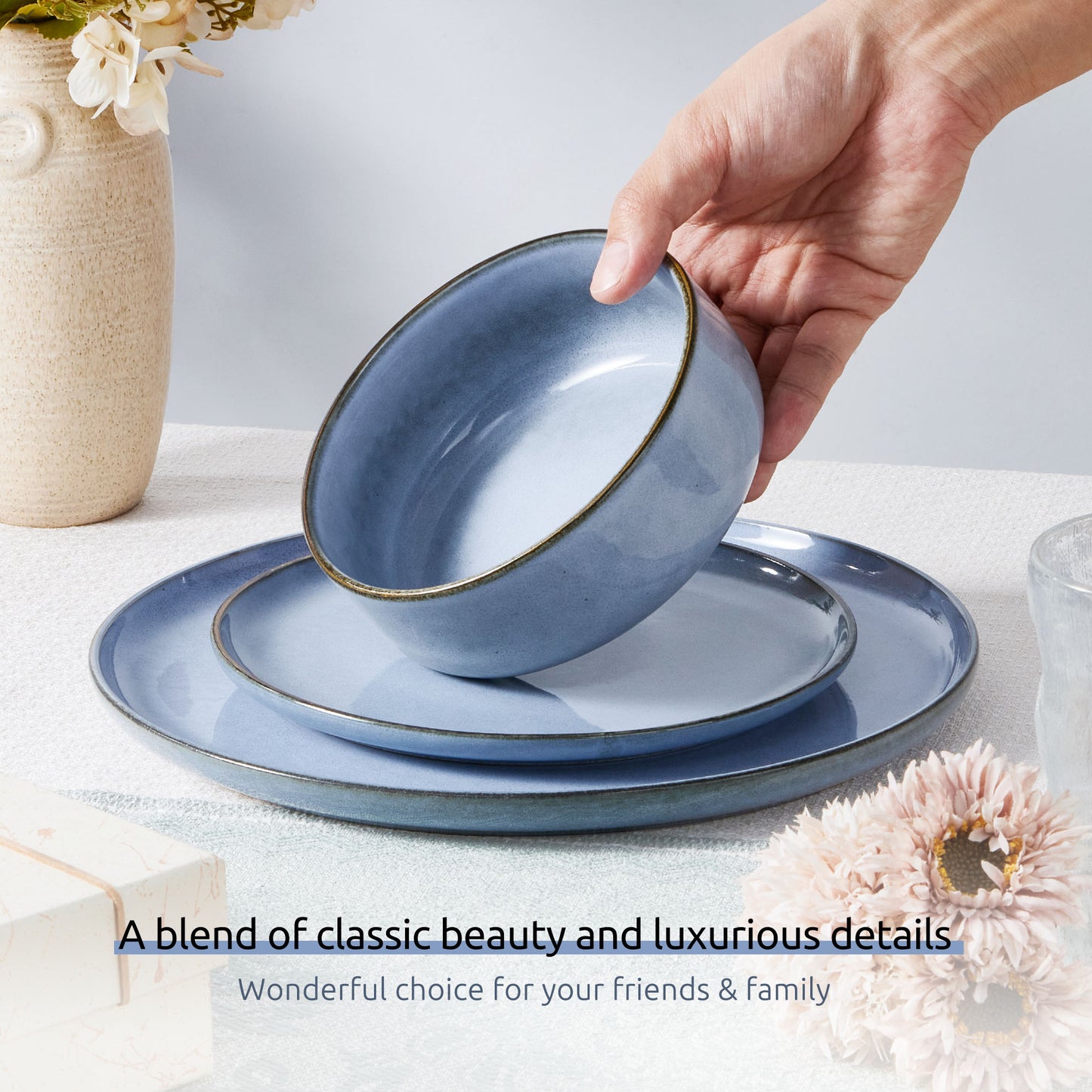Onader 12 Piece Dinnerware Sets, Plates and Bowls Set for 4, Handmade Stoneware Dishes Sets for Home Restaurant, Dishwasher & Microwave Safe - Gray Blue