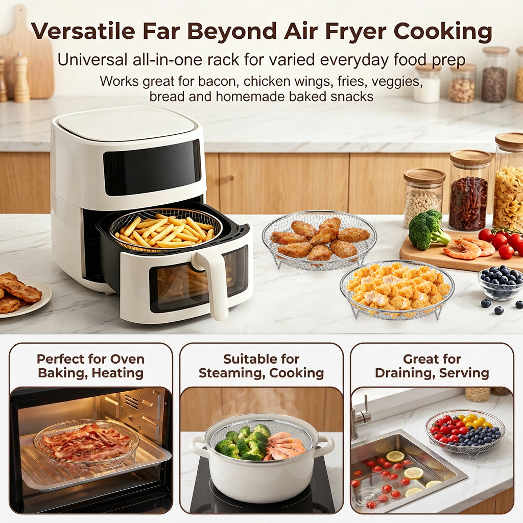 Vesteel Air Fryer Racks, 3 Tier Stainless Steel Air Fryer Basket Accessories, 7.9’’ Round Dehydrator Rack for Oven Baking Frying Roasting, Includes Silicon Feet & Anti-Scald Clamp, Dishwasher Safe