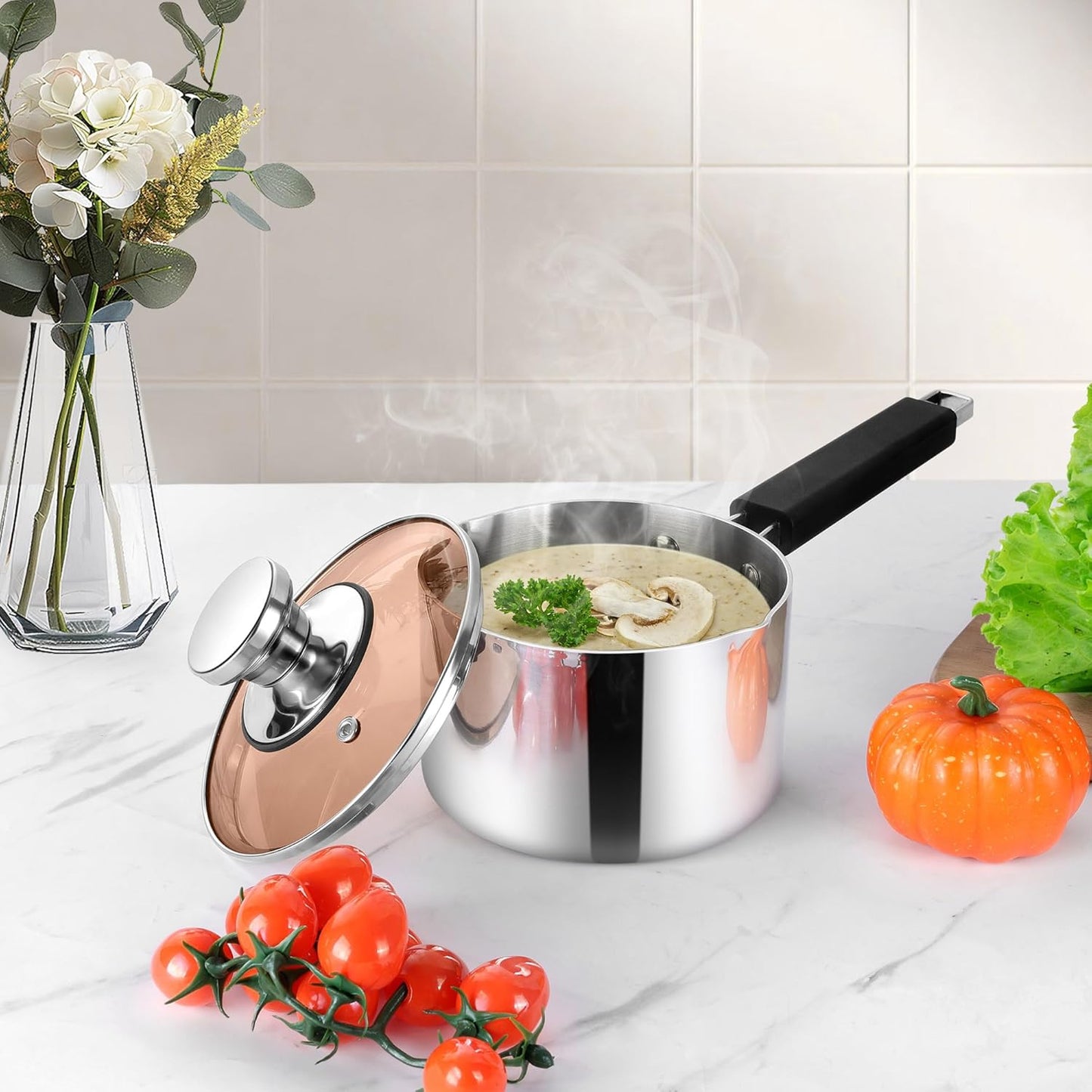Vesteel 1QT Sauce Pan with Lid, Tri-Ply Stainless Steel Saucepan Milk Pan, Small Kitchen Induction Pots Cooking Pot with Pour Spout for Cooking Boiling Simmering, Heat-Proof Handle & Dishwasher Safe