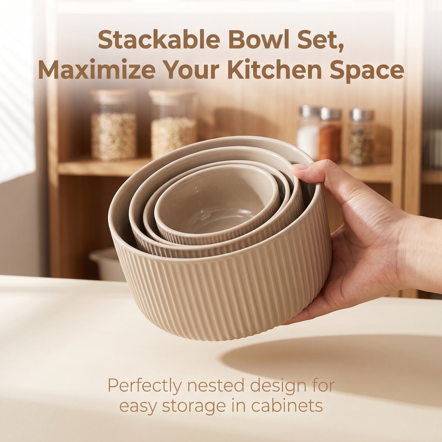Onader 8-Piece Ceramic Bowls with Lid, Mixing Bowls Set of 4 for Kitchen Meal Prep Food Storage Leftover, Stoneware Serving Bowl for Cooking Baking, Cappuccino Brown