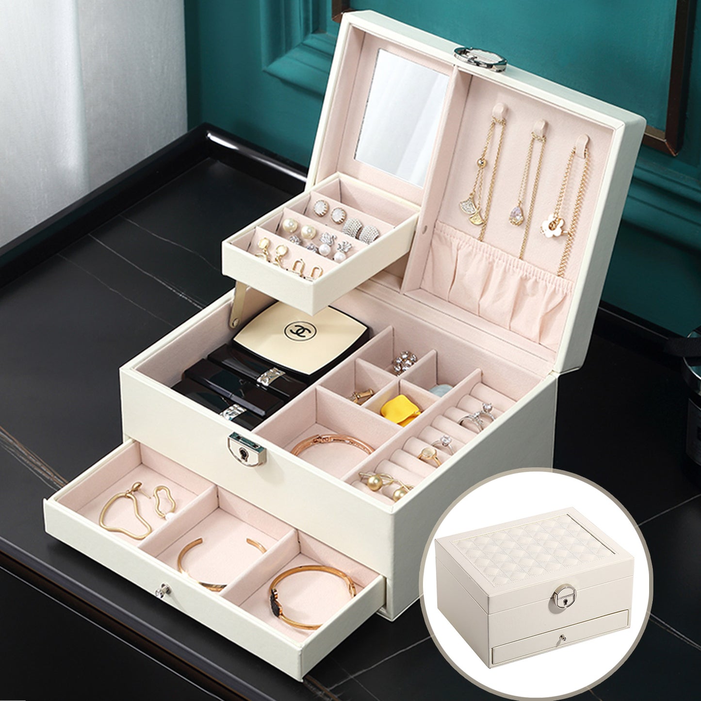 Vesteel Jewelry Box, 2-Layer Leather Jewelry Storage Organizer with Lock Drawer Built-in Mirror, Jewelry Case for Rings Necklaces Earrings Watches - White