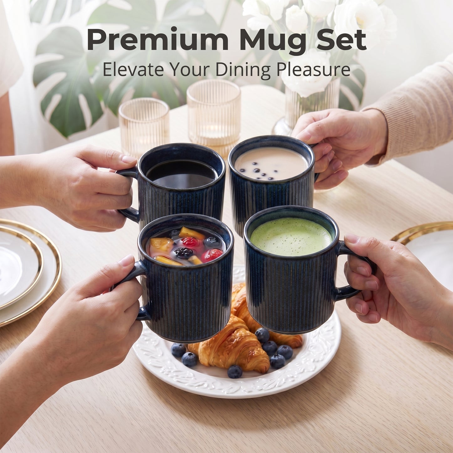 Onader 4-Pieces Coffee Mugs Set, Water Cups with Large Handle, 12 oz Ceramic Mugs Suitable for Tea Milk Latte, Stain-Resistant & Microwave Safe, Starry Blue