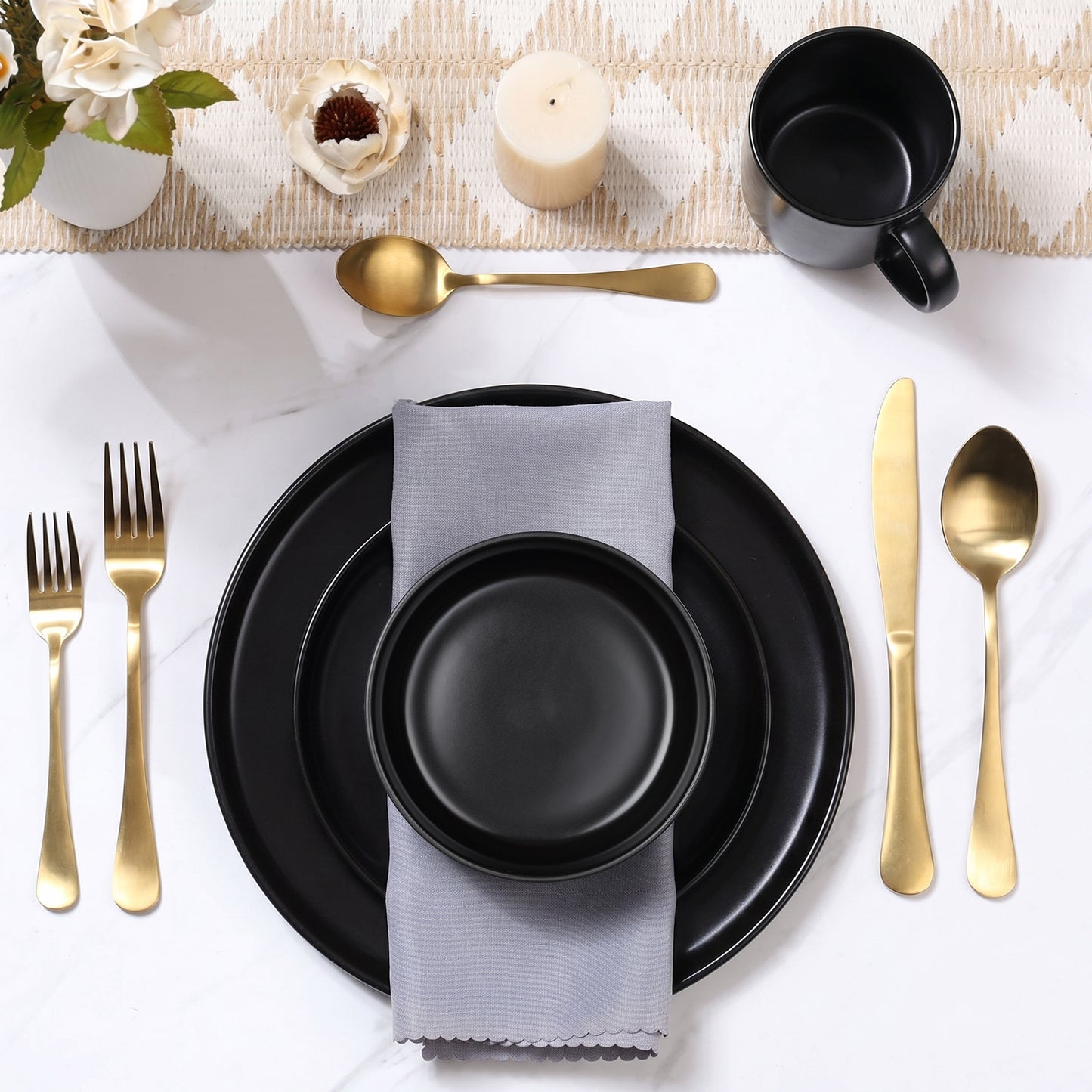 Onader 12 Piece Dinnerware Sets, Plates and Bowls Set for 4, Premium Stoneware Dishes Sets for Home Restaurant, Dishwasher & Microwave Safe - Matte Black