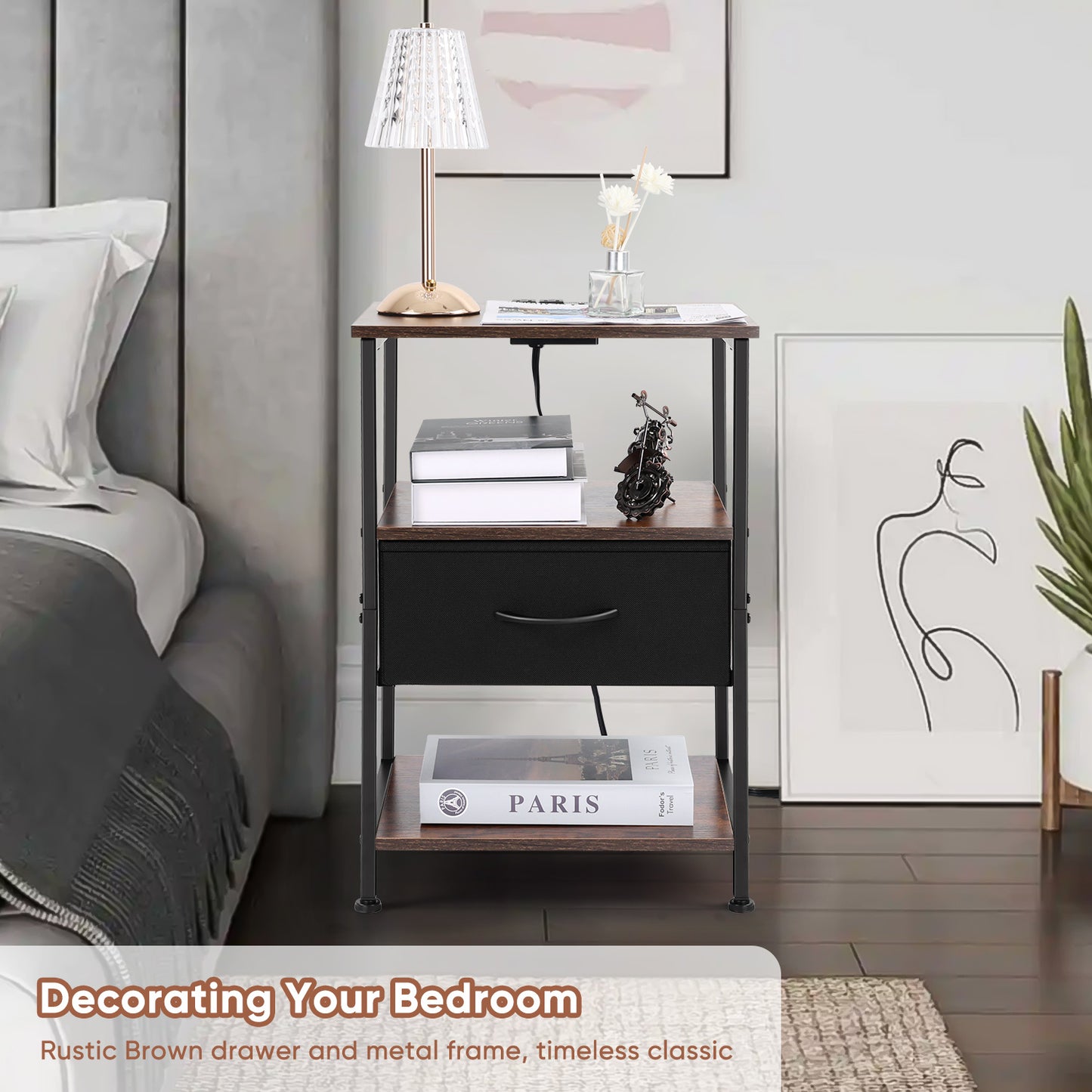 Vesteel Nightstand with Charging Station, 3-Tier Storage End Table with Drawer Shelf, Night Stand for Small Spaces, Bed Side Table for Living Room Bedroom - Rustic Brown