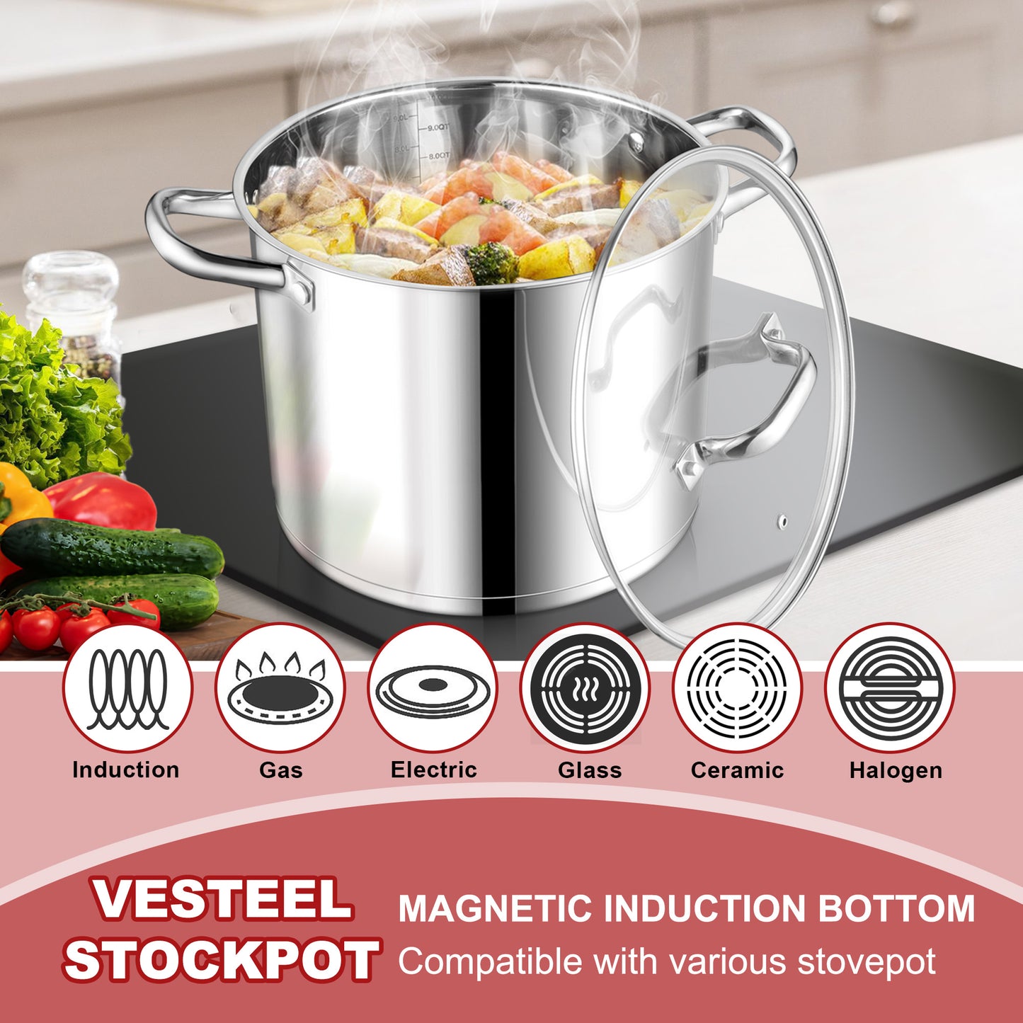 Vesteel 10 QT Stock Pot with Lid, 3 Tri-ply Stainless Steel Cooking Pot for Induction Gas Electric Stove, Big Stockpot for Cooking Soup Spaghetti, Dishwasher Safe