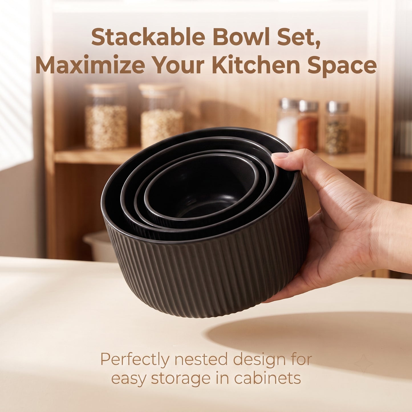 Onader 8-Piece Ceramic Bowls with Lid, Mixing Bowls Set of 4 for Kitchen Meal Prep Food Storage Leftover, Stoneware Serving Bowl for Cooking Baking, Matte Black