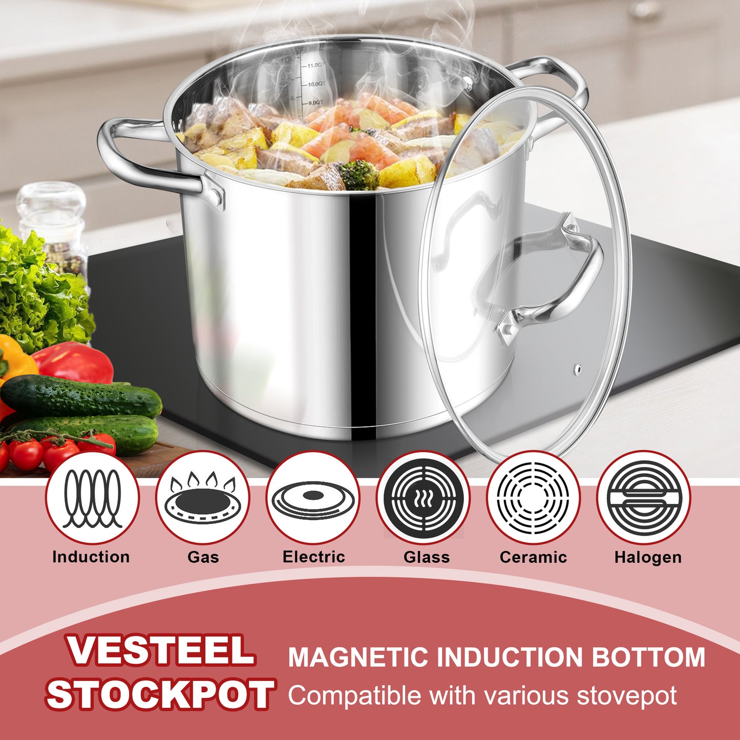 Vesteel 12 QT Stock Pot with Lid, Stainless Steel Large Cookware for Stewing Simmering, Tri-ply Bottom for Induction Gas Electric Stove, Heavy Duty & Food Grade