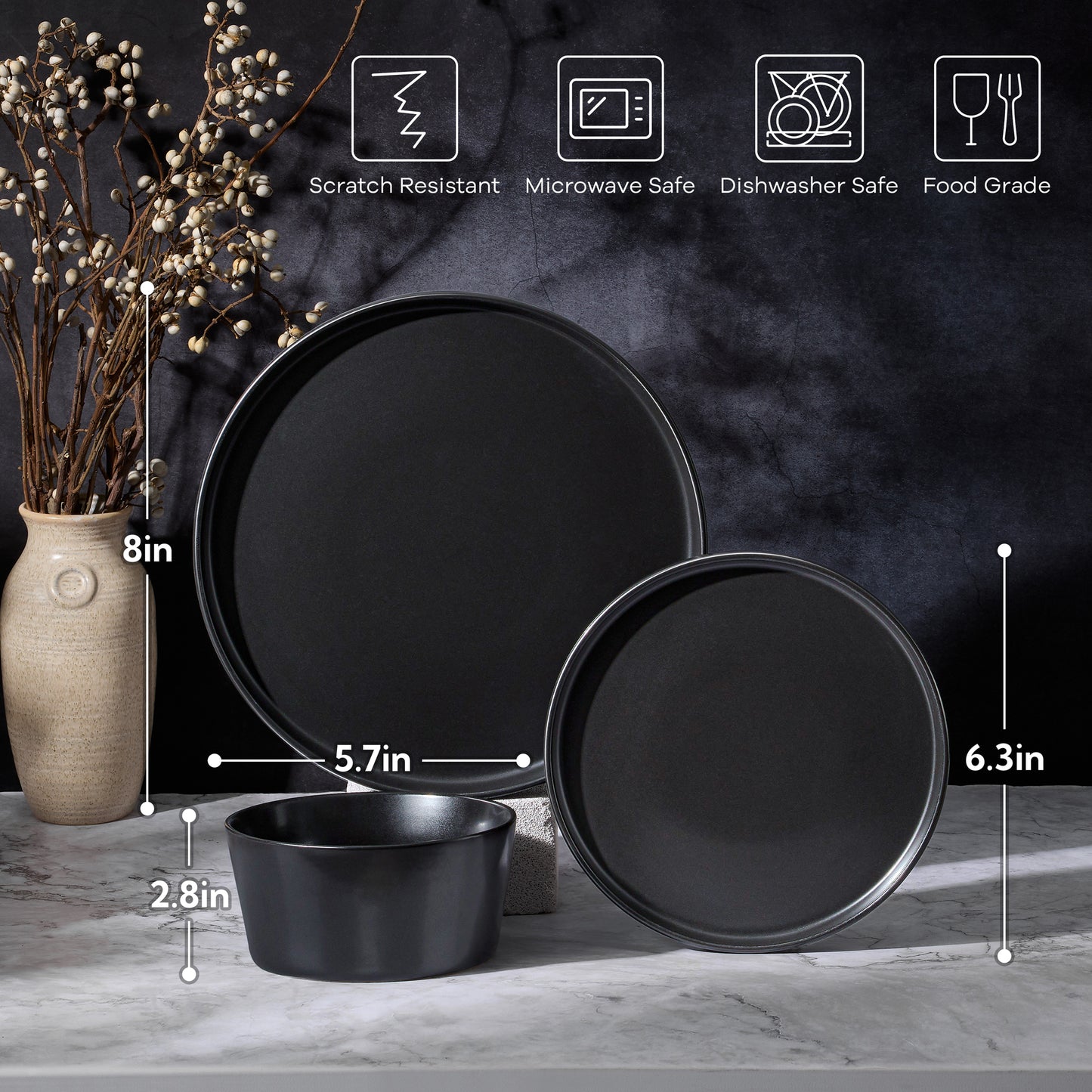 Vesteel Dinnerware Sets for 4, 12Pcs Stoneware Plates and Bowls Set, Elegant Tableware set for Home Restaurant, Chip & Scratch Resistant Dishes Set , Black