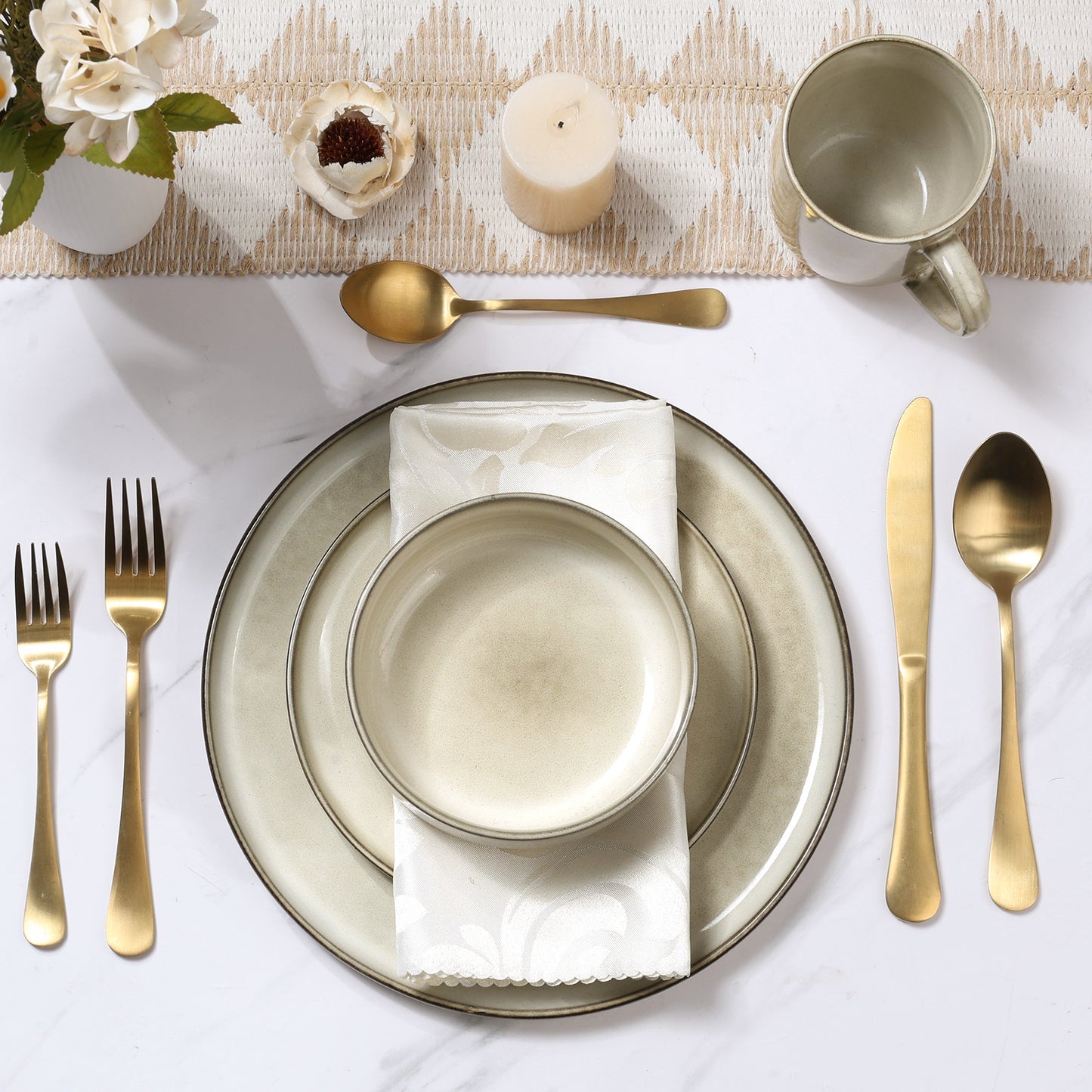 Onader 12 Piece Dinnerware Sets, Plates and Bowls Set for 4, Handmade Stoneware Dishes Sets for Home Restaurant, Dishwasher & Microwave Safe - Khaki