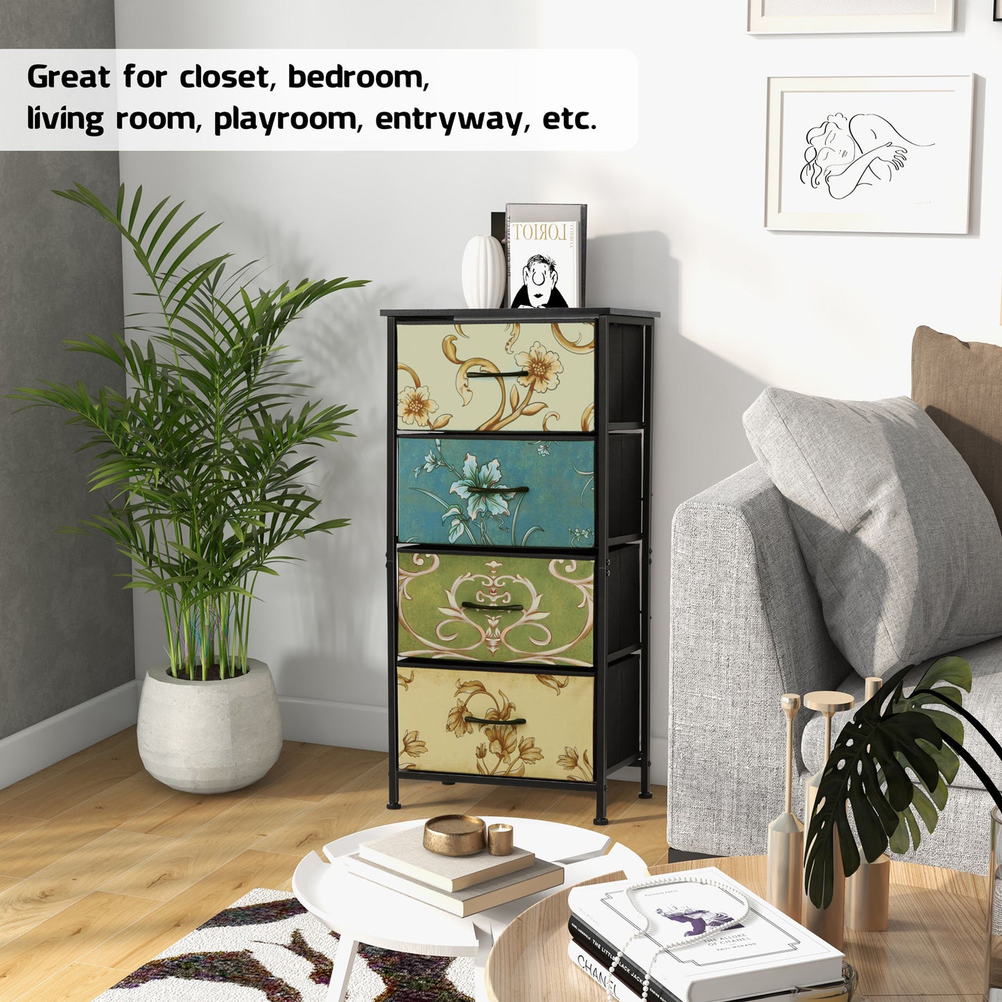 4 Drawers Dresser for Bedroom, Vesteel Fabric Chest of Drawers Tall Storage Tower with Wood Top and Sturdy Steel Frame, Storage Organizer Unit for Closet, Living Room, Hallway - Retro Floral