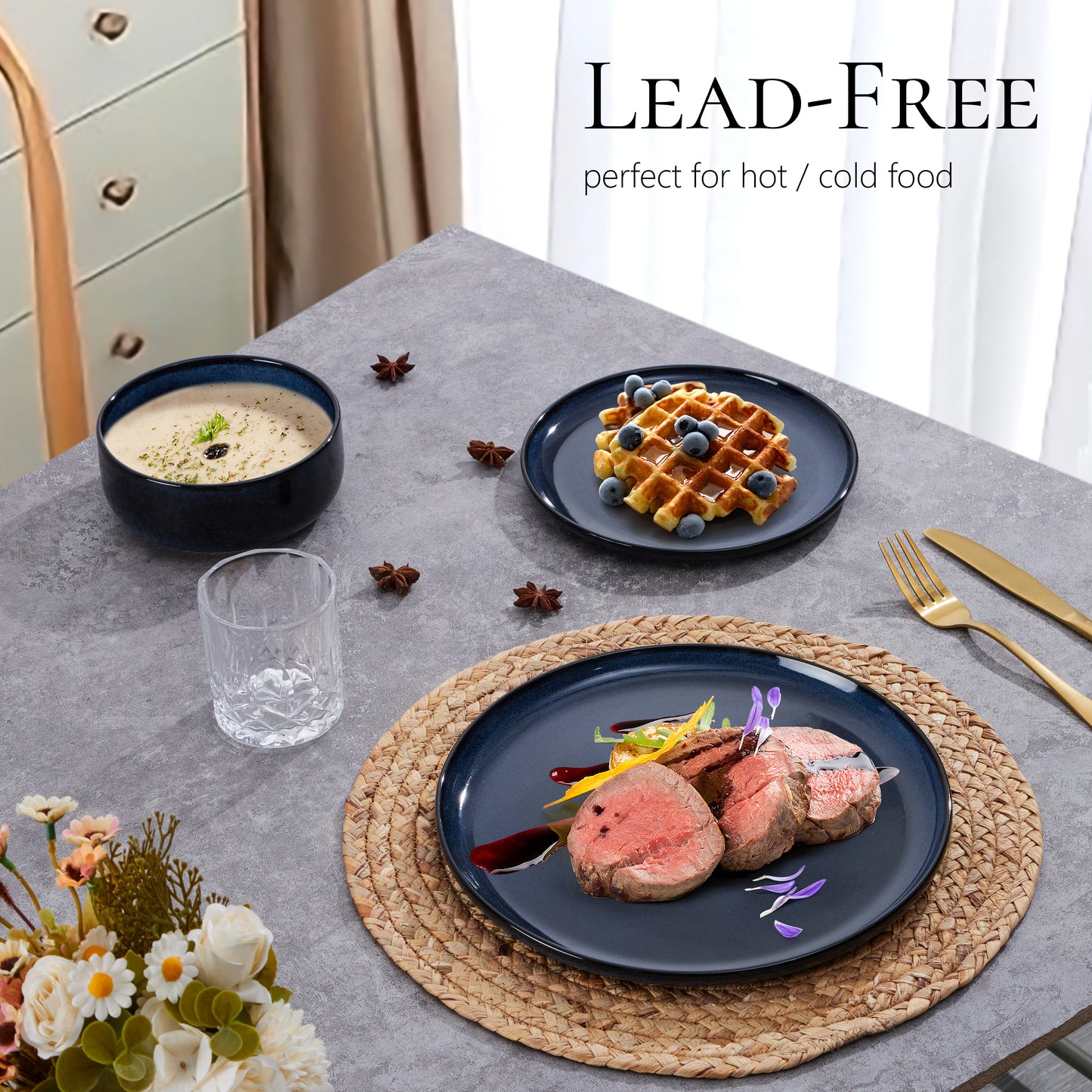 Vesteel Dinnerware Sets for 4, 12-Piece Stoneware Dish and Bowls Set, Handmade Reactive Glaze Coupe Plates Set for Family, Chip & Scratch Resistant - Ocean Blue