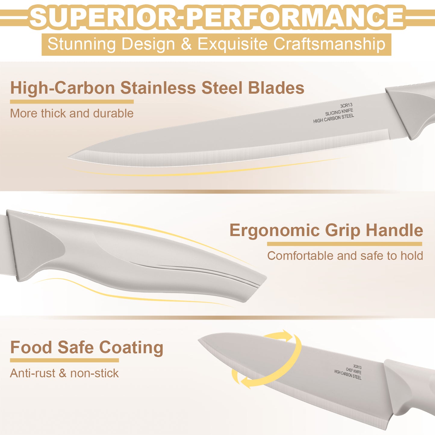 Vesteel Knife Set for Kitchen with Block, 15 Pcs Stainless Steel Kitchen Knife Set with Self Sharpening - Khaki