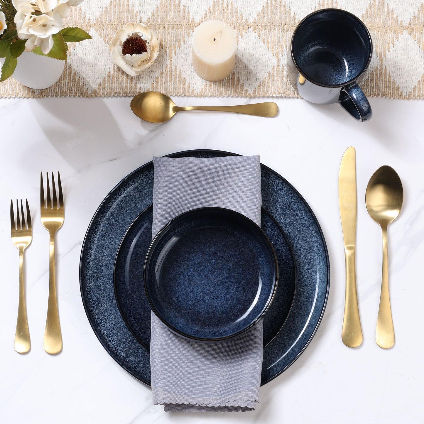 Onader 12 Piece Stoneware Dinnerware Sets, Plates and Bowls Dish Set for 4, Speckled Kitchen Dining Plates and Bowls, Dishwasher & Microwave Safe - Starry Sky Blue