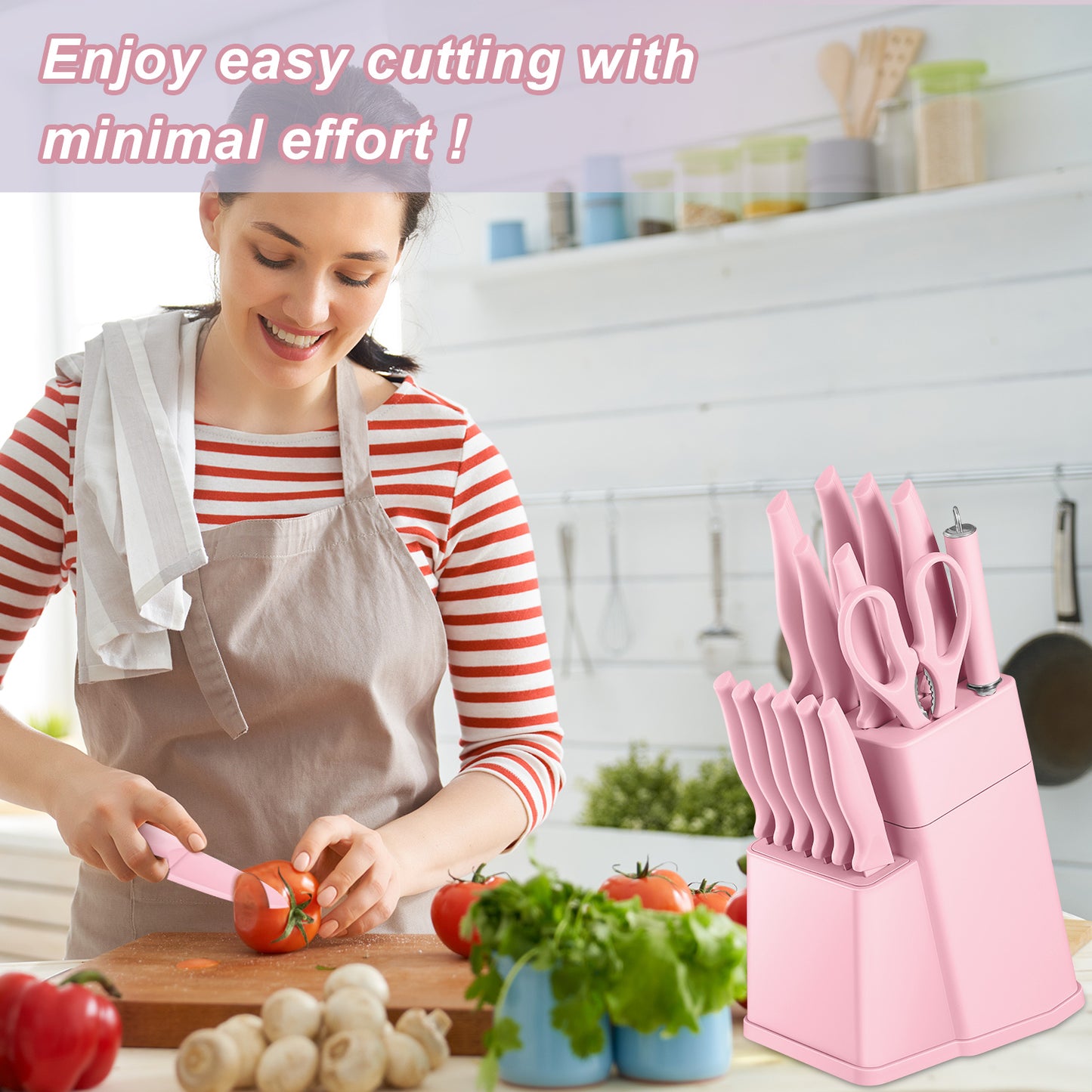 Vesteel Knife Set for Kitchen with Block, 15 Pcs Stainless Steel Kitchen Knives Set with Sharpener Kitchen Shears - Pink