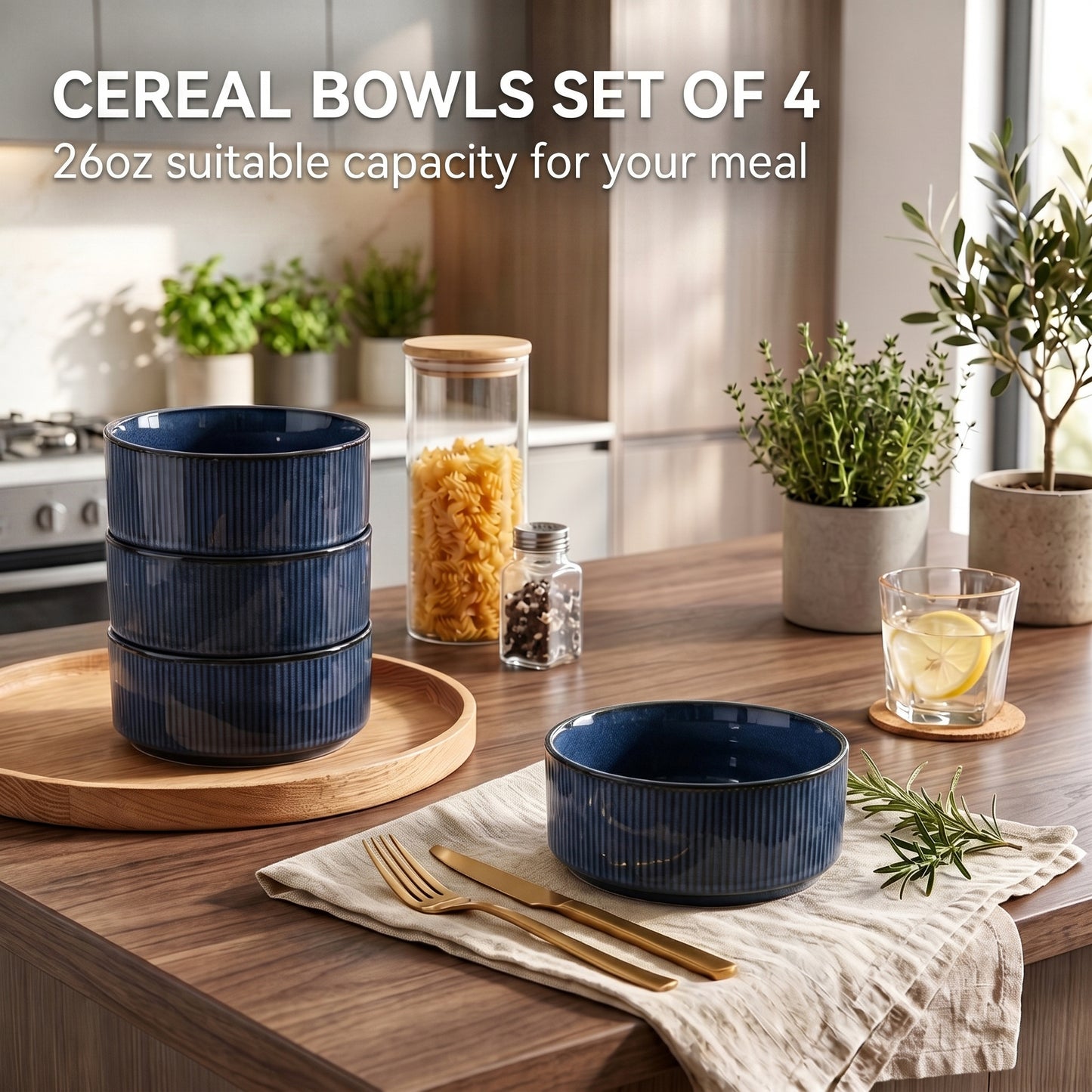 Vesteel Cereal Bowl for 4, 26oz Stoneware Soup Bowls with Textured Stripes, 4-Piece Ceramic Kitchen Bowls for Salad Fruit Pasta Soup, Dishwasher Safe & Microwave Safe, Ocean Blue